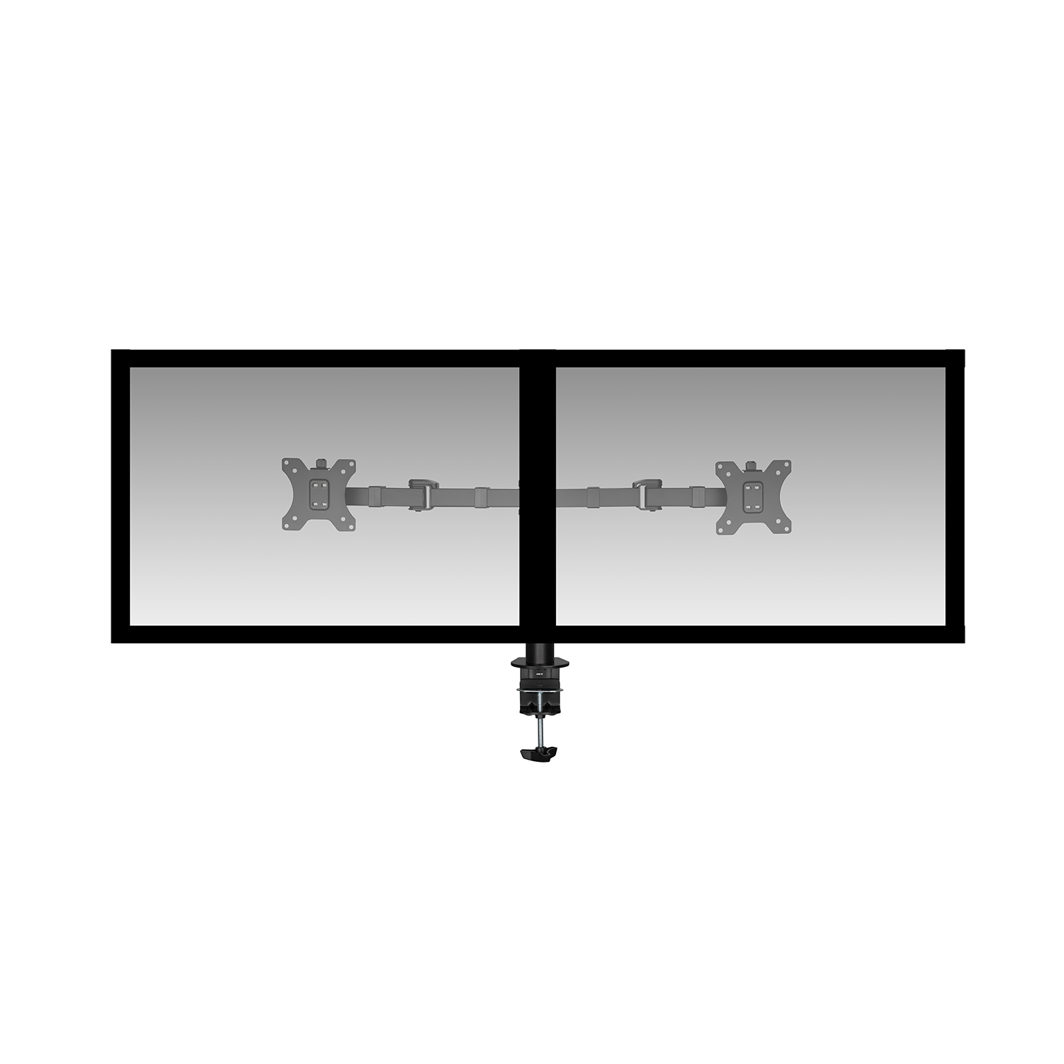 Dwa czarne monitory komputerowe zamontowane na podwójnym ramieniu z białym tłem.