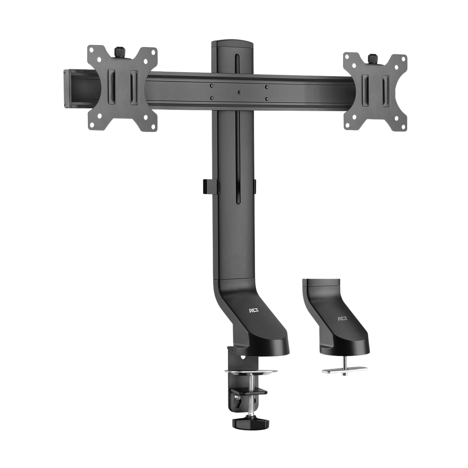 Czarny stojak na monitor. Ma dwa ramiona do trzymania dwóch monitorów. Posiada zacisk do montażu na biurku.