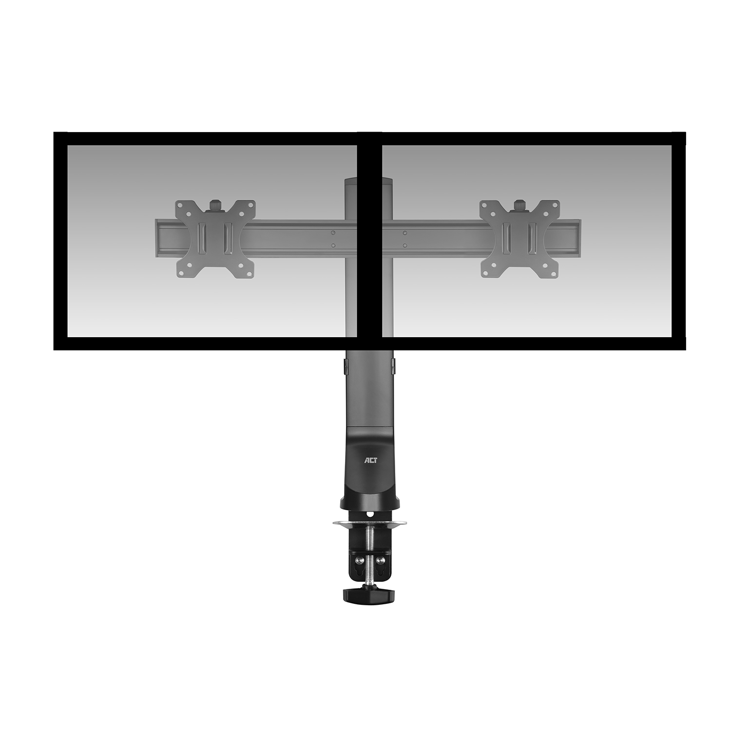 Stojak na dwa monitory z dwoma zamontowanymi ekranami. Jest srebrny i czarny, z zaciskiem na dole.