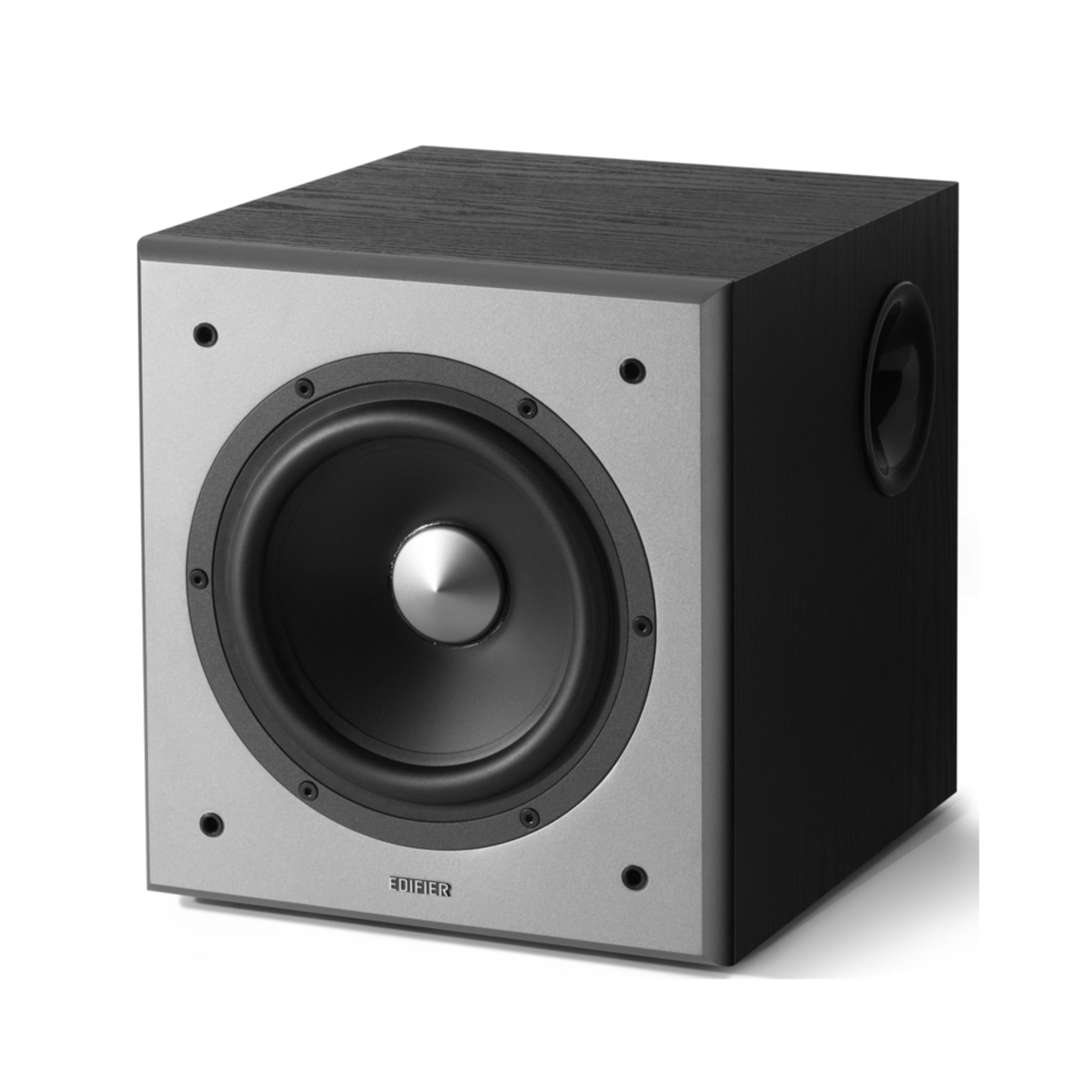 Czarny i szary głośnik niskotonowy. Duży czarny głośnik i srebrny stożek środkowy.