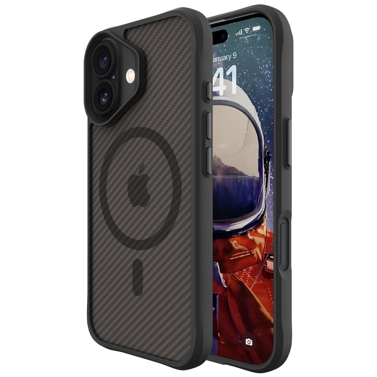 Afbeelding van een telefoonhoesje met een koolstofvezel textuur en een camera bump. De telefoon is zichtbaar.