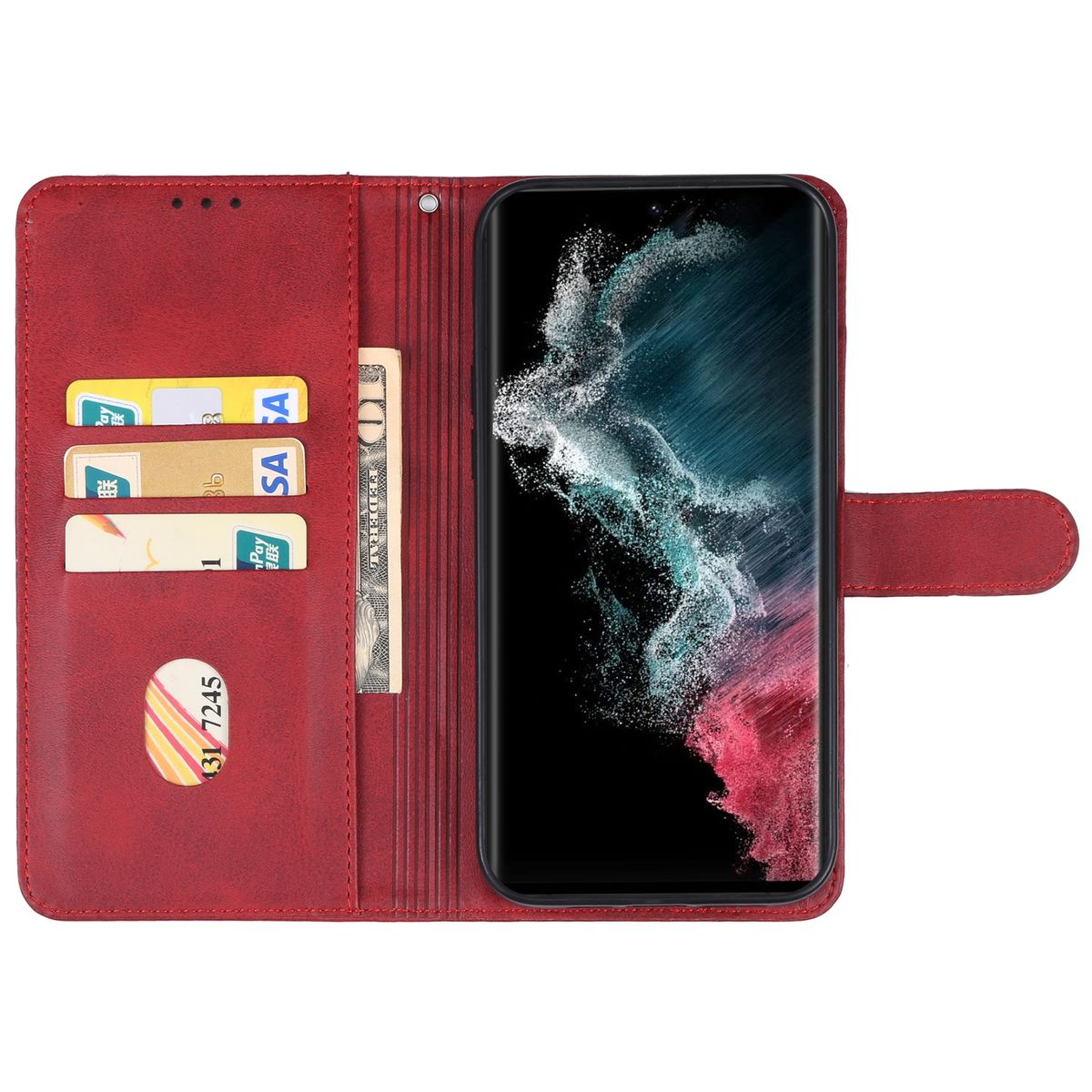 Geöffnete rote Handyhülle mit Telefon, Karten und Geld sichtbar.