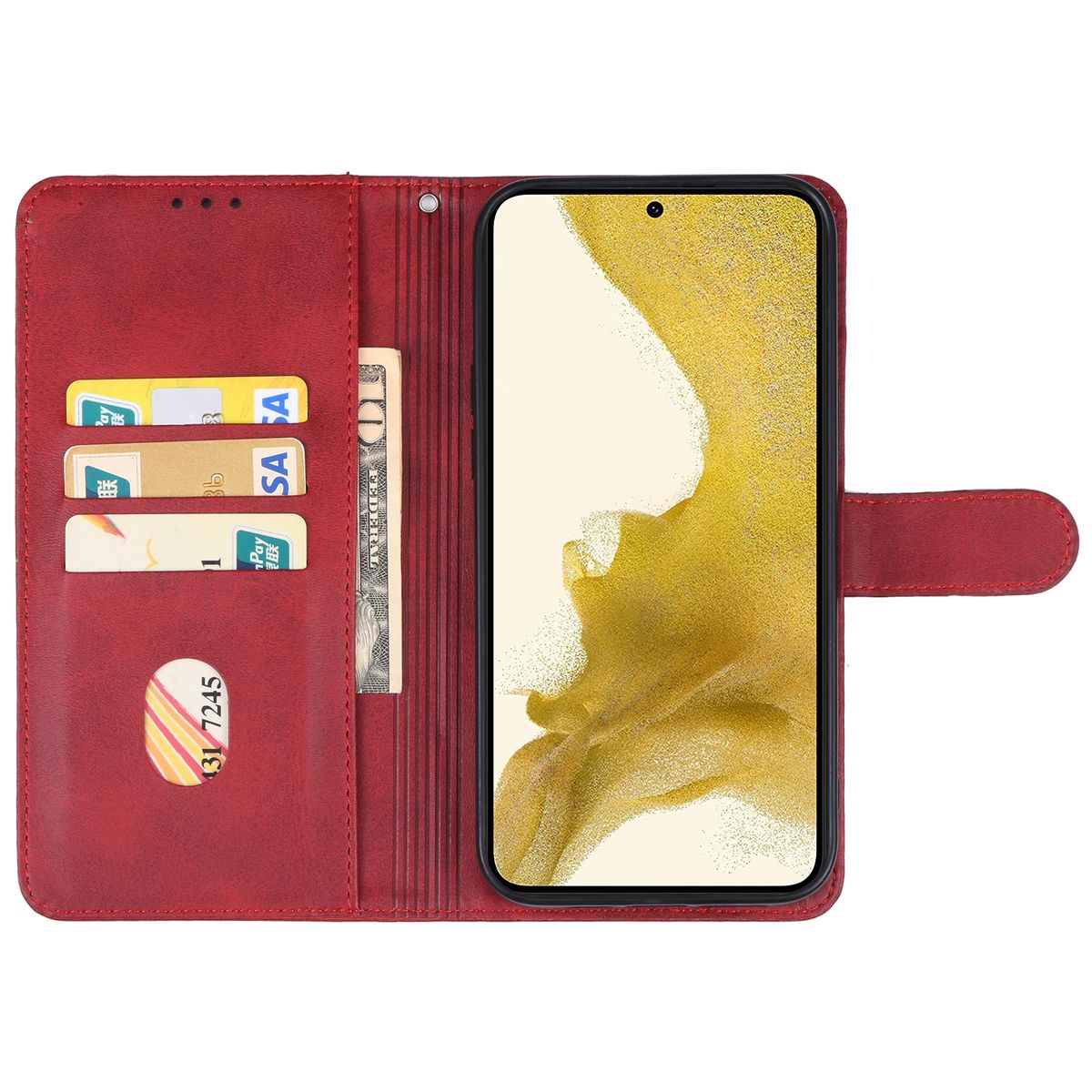 Rote Leder-Handyhülle, offen, zeigt Handy, Karten und Bargeld.