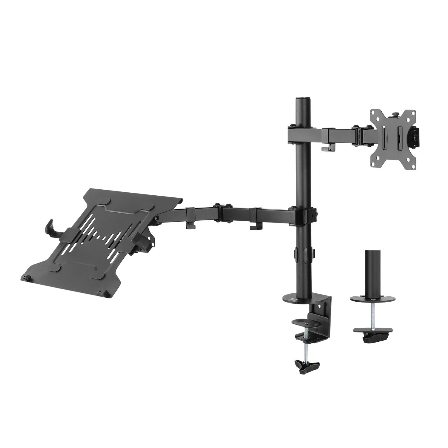 Ein Monitorarm mit Laptop-Halter, Monitorhalterung und Klemmfuß auf schwarzem Hintergrund.