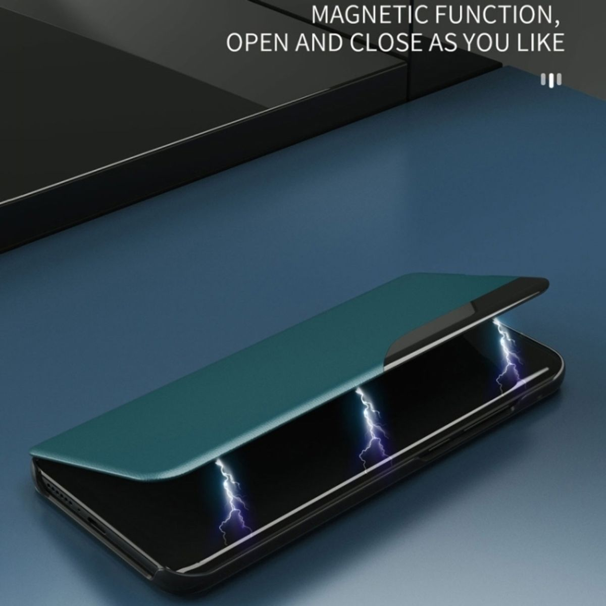 Telefon in einer grünen Hülle. Hülle hat magnetische Funktion. Telefonbildschirm ist sichtbar.