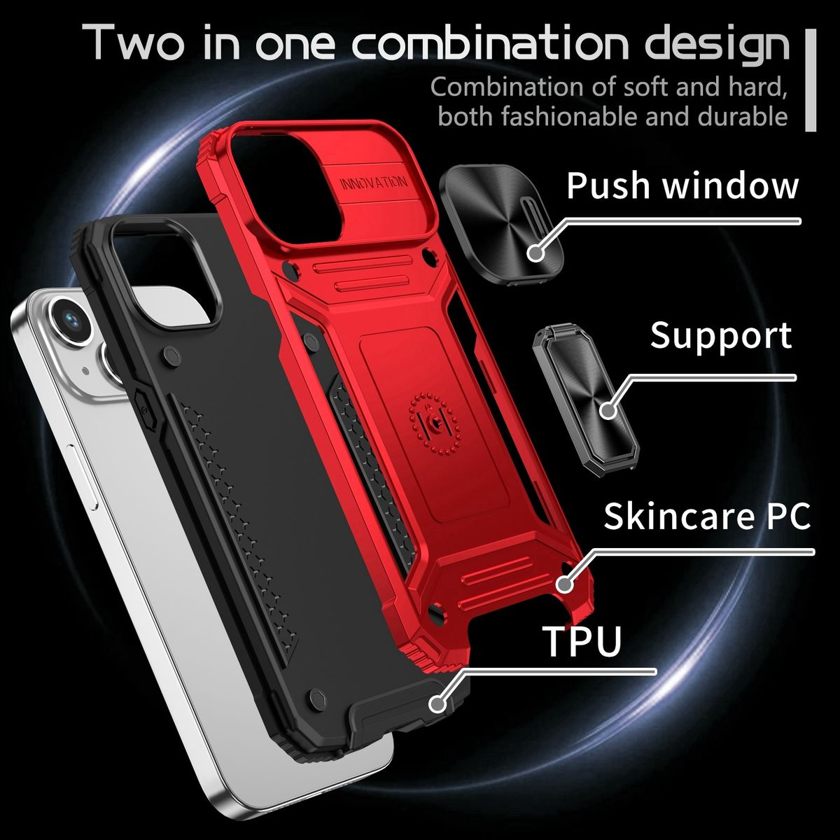 Rote und schwarze Teile einer Handyhülle mit den Bezeichnungen: Push-Fenster, Unterstützung, Skincare PC und TPU.