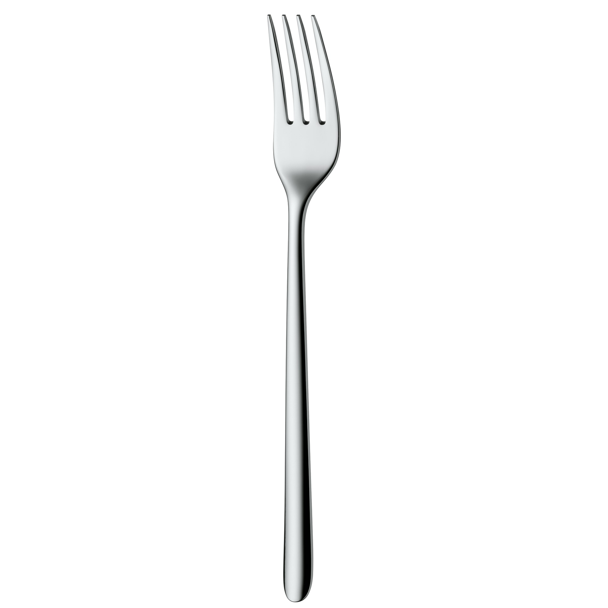 Eine glänzende Gabel aus Edelstahl mit drei Zinken. Sie steht auf weißem Grund, die Zinken zeigen nach oben.