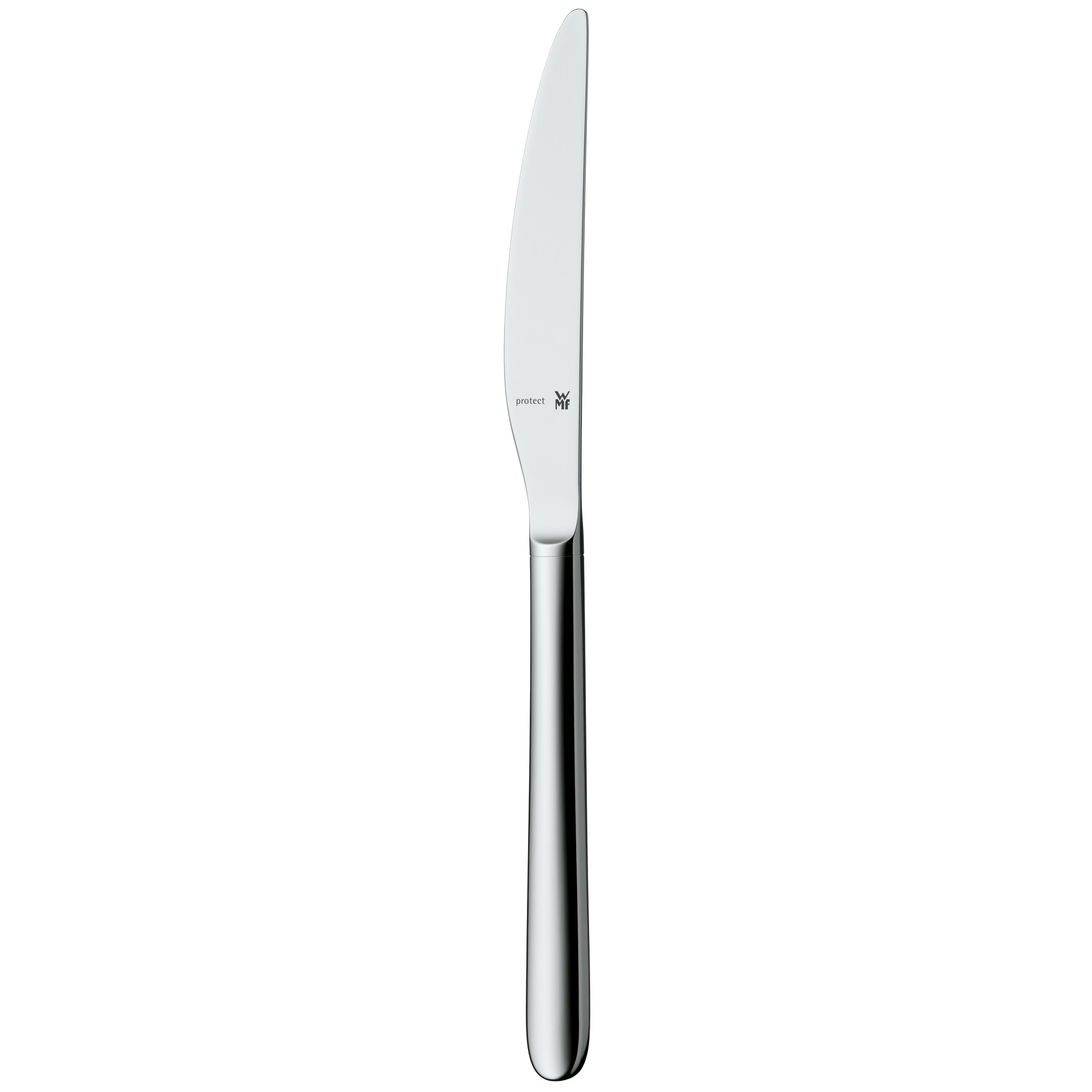 Ein glänzendes silbernes Messer auf weißem Hintergrund.