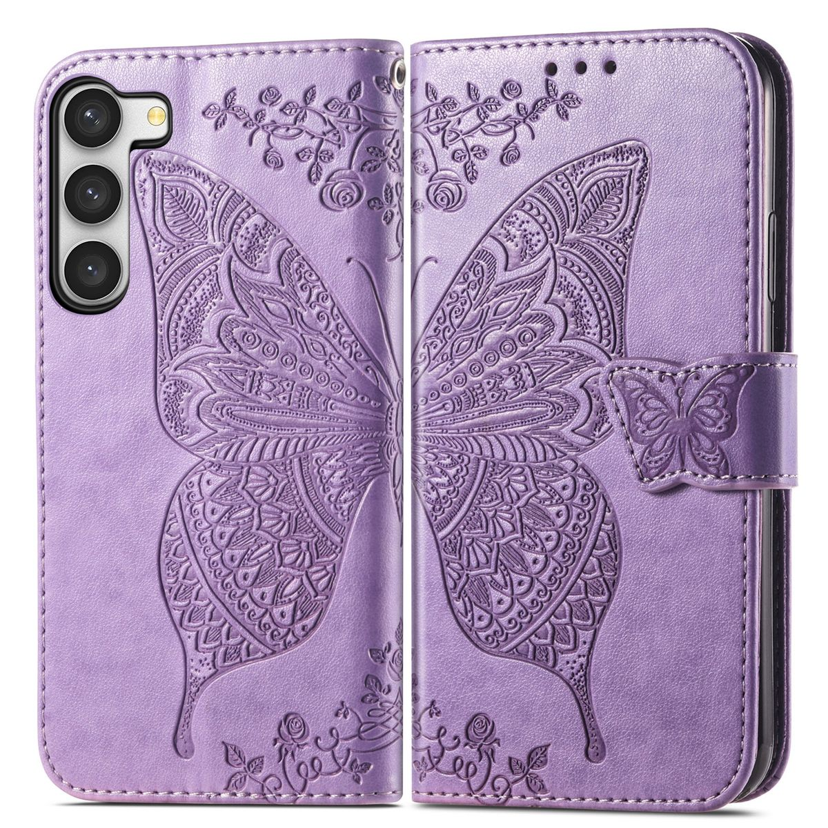 Lila Handyhülle mit Schmetterlingsdesign. Sie ist geöffnet und zeigt das Telefon und den Innenraum.