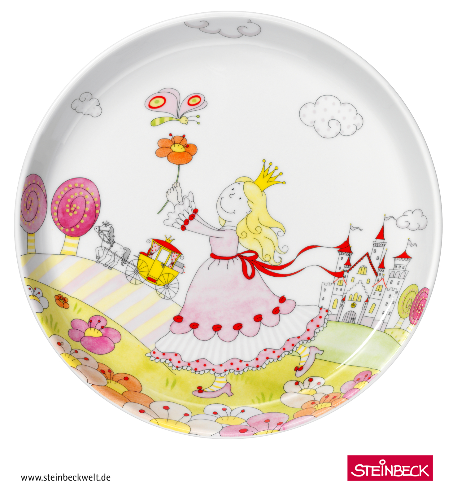 Dekorative Platte mit einer Cartoon-Prinzessin, Schloss und Blumen.