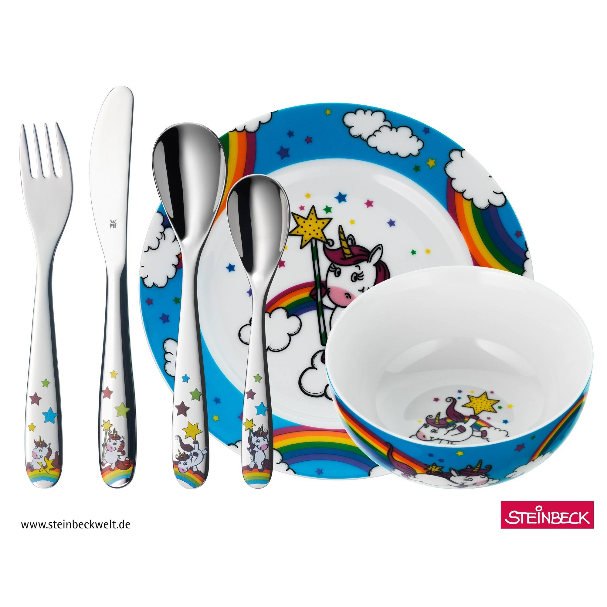 Un set di stoviglie per bambini con un tema unicorno. Include piatto, ciotola e posate.