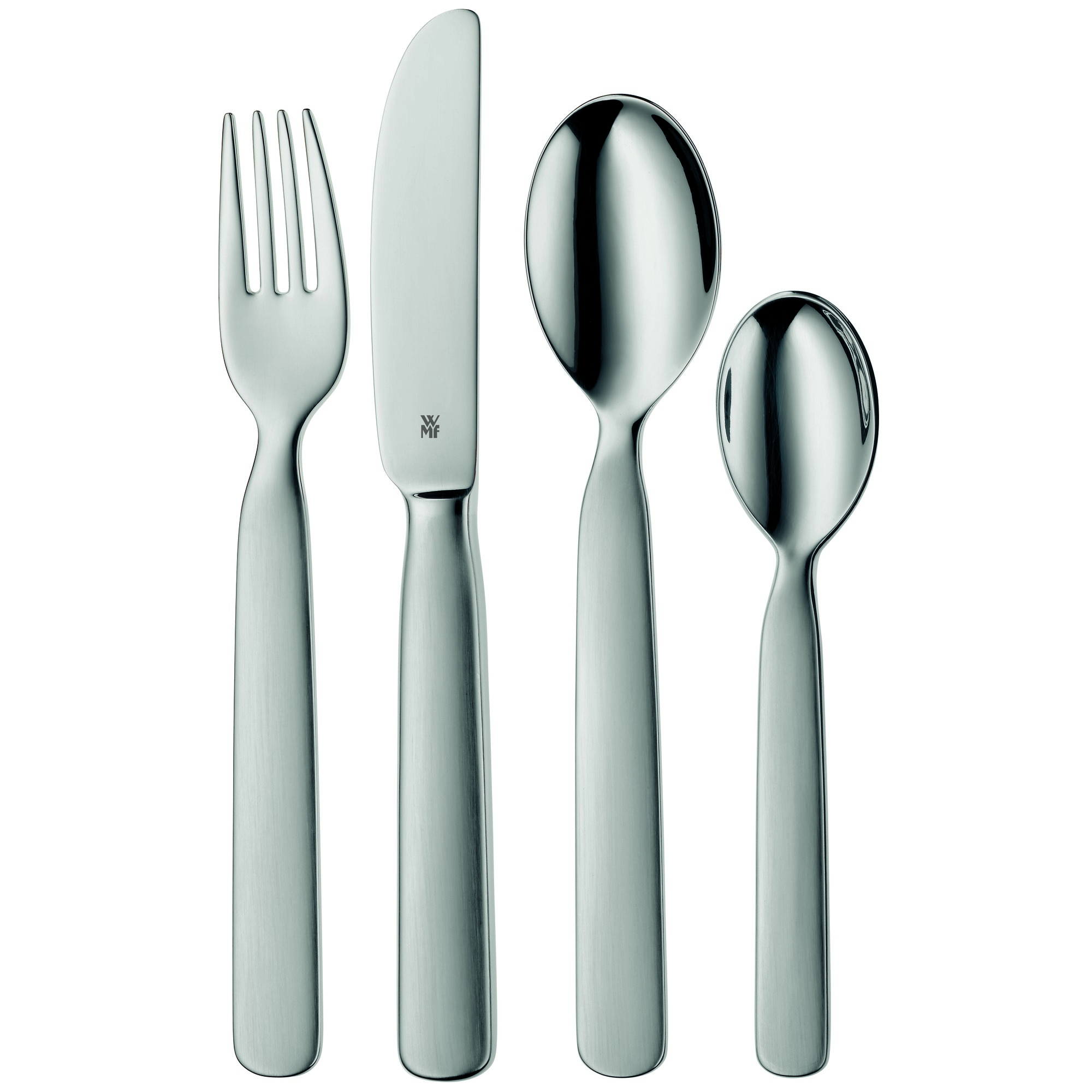 Besteckset: Gabel, Messer, Löffel und Teelöffel. Silberfarbe, weißer Hintergrund.