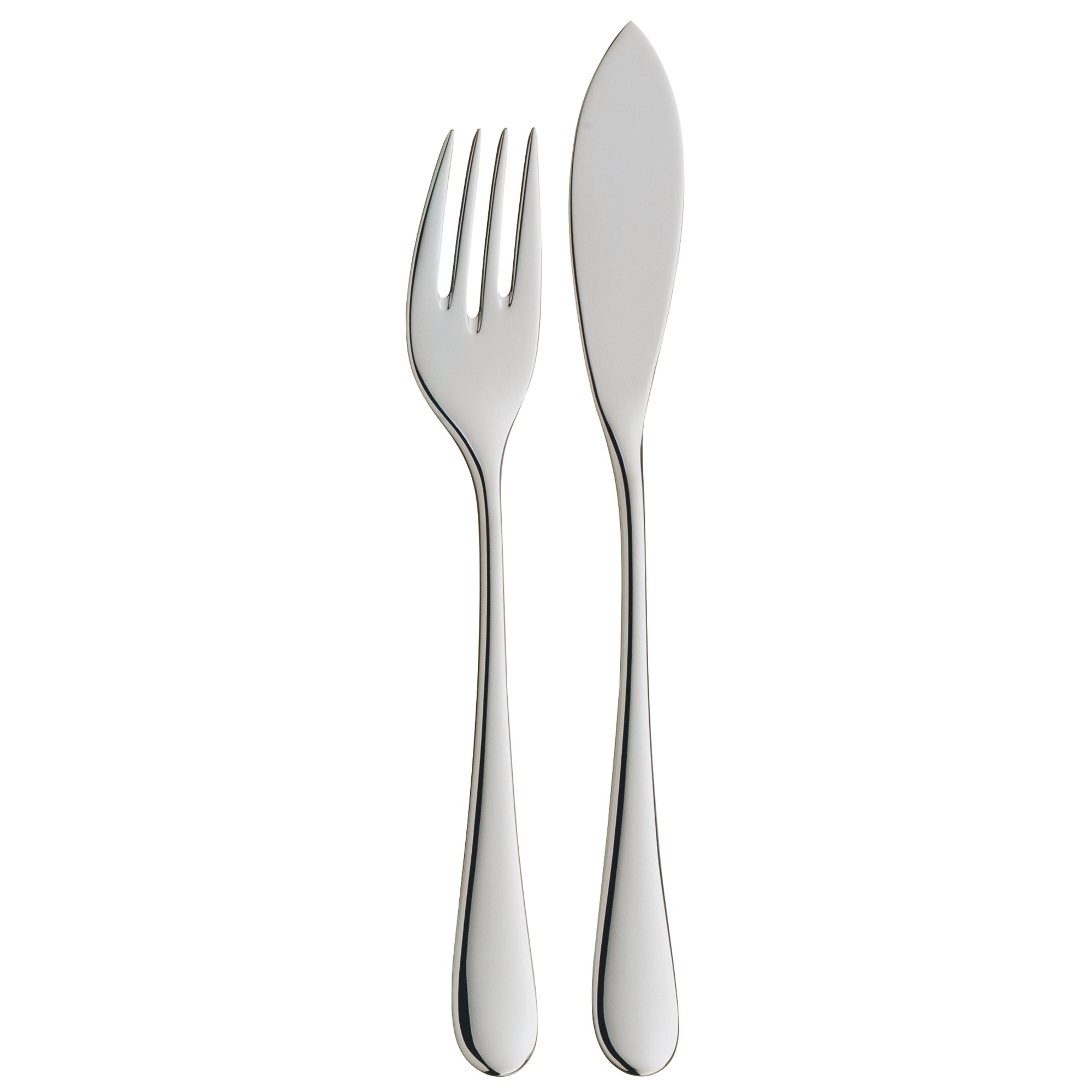 Eine Gabel und ein Messer, beide silbern und auf weißem Hintergrund.