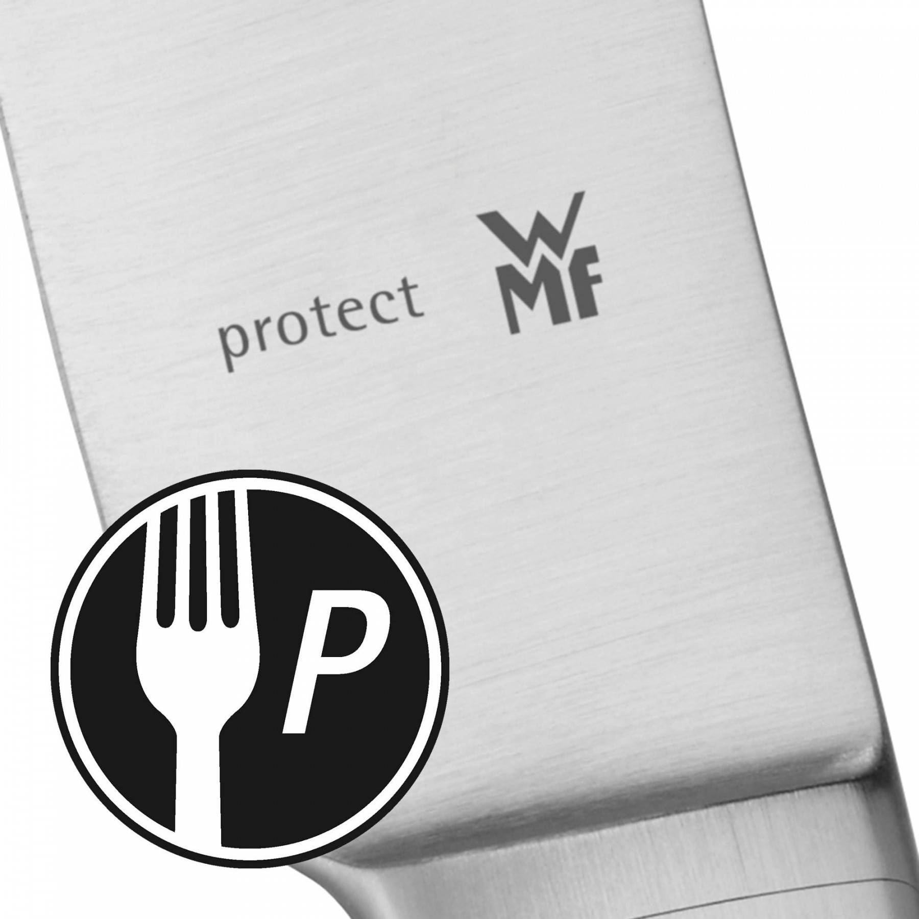 Messerklinge mit Text. WMF-Logo und Protect-Text sind sichtbar. Ein Gabel-Symbol ist vorhanden.