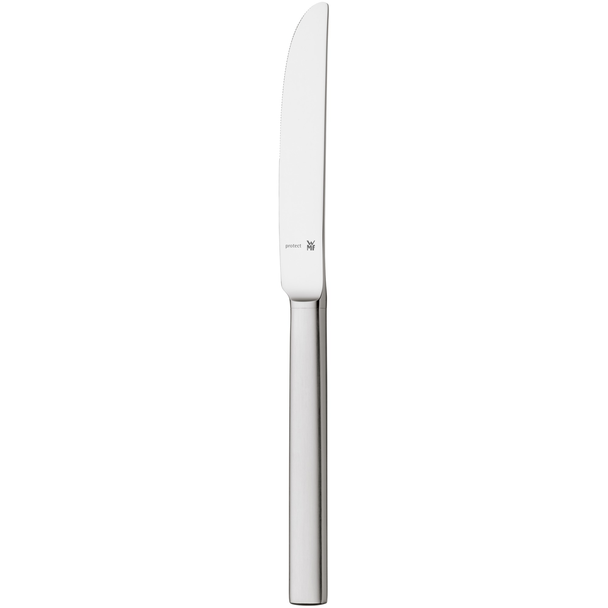 Ein silbernes Messer auf weißem Hintergrund. Das Messer hat eine lange, dünne Klinge und einen Griff.