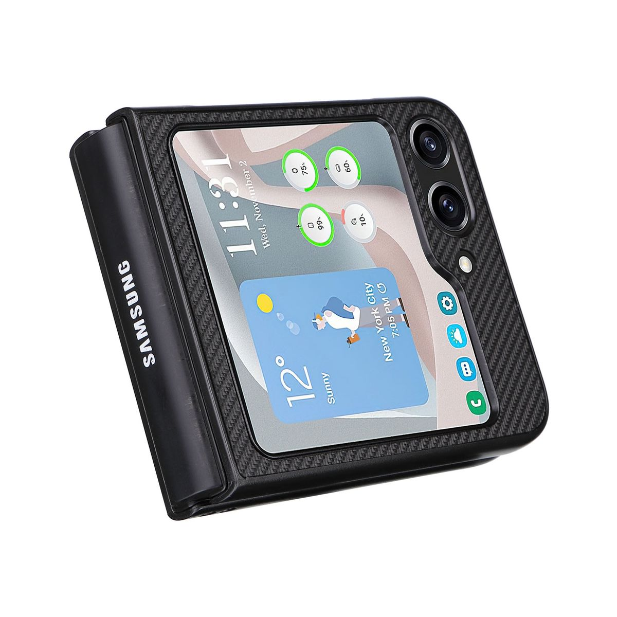 Ein schwarzes, faltbares Telefon mit sichtbarem Bildschirm, der App-Symbole und die Uhrzeit anzeigt.