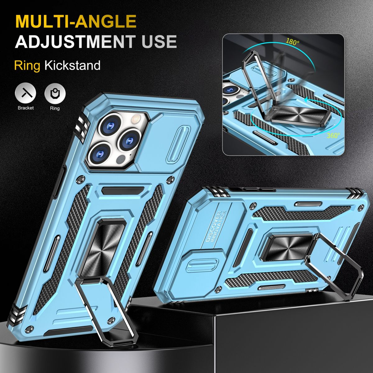 Eine blaue Handyhülle mit einem Metall-Kickstand. Es hat einen 360-Grad-Drehring und eine Halterung.