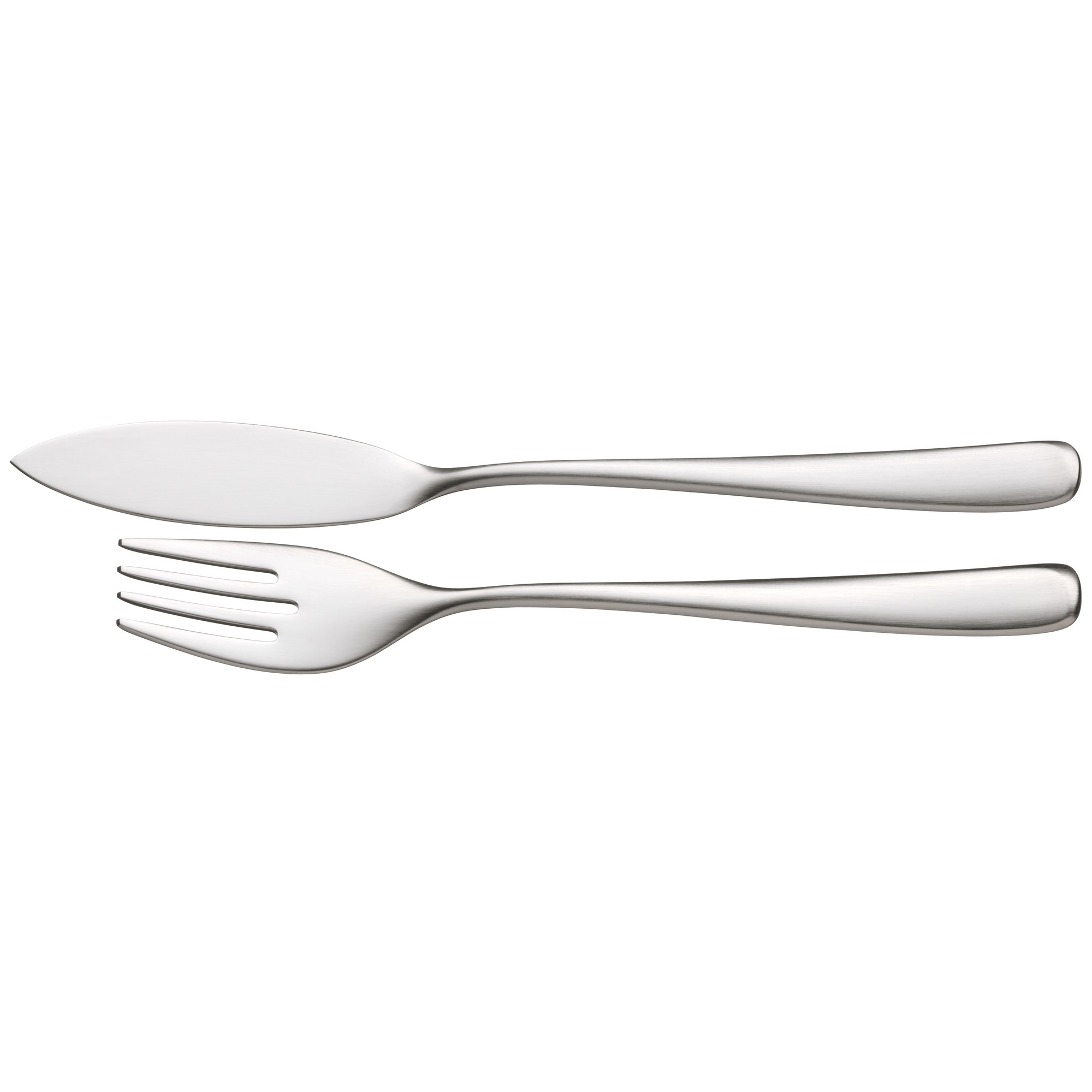 Ein Buttermesser und eine Gabel. Beide sind silberfarben und liegen horizontal auf weißem Grund.