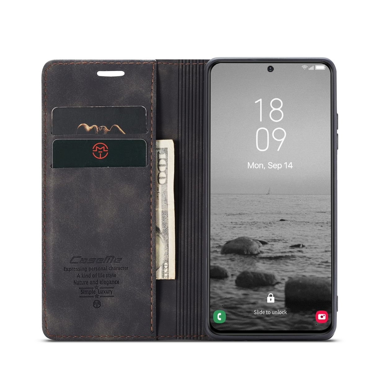 Geöffnete Handyhülle mit einem Telefon mit schwarzem Bildschirm. Die Hülle hat Kartenfächer und ein Geldfach.