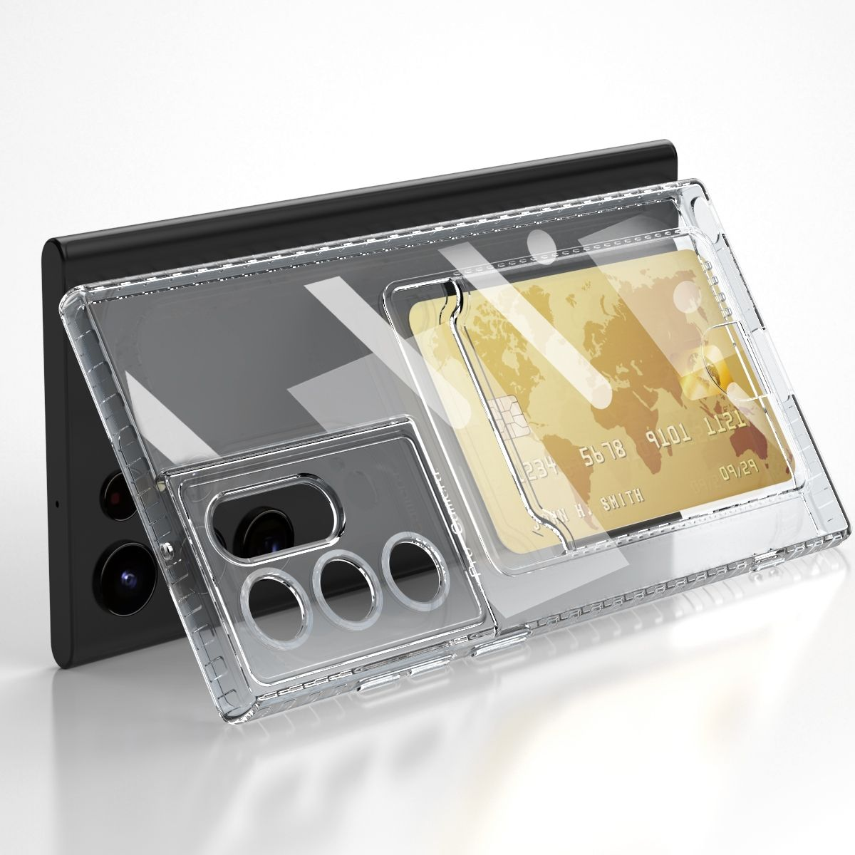 Eine transparente Handyhülle mit Kartenfach und ein Telefon darin, das Kreditkarten zeigt.