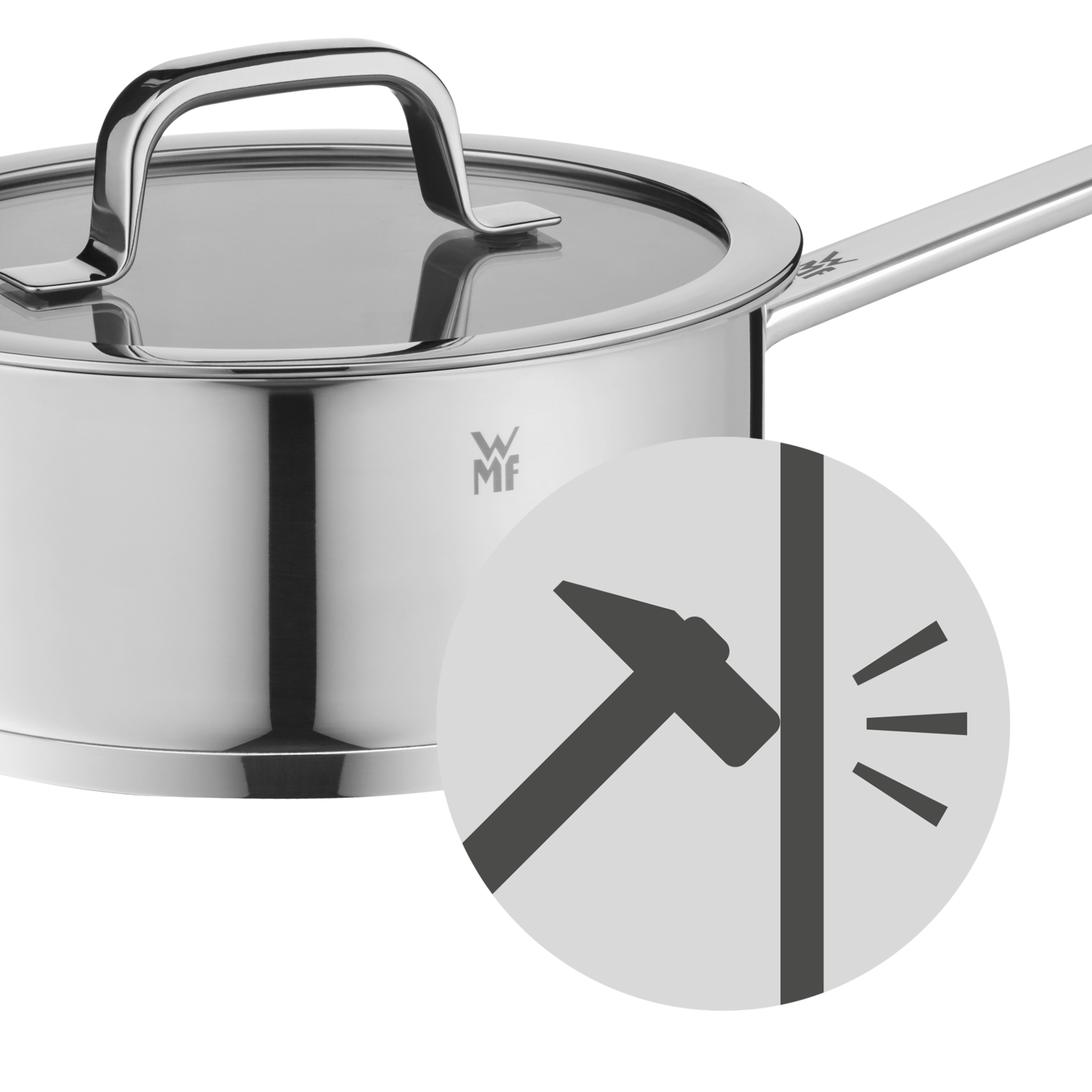 Edelstahl-Kochtopf mit Deckel. Hammelsymbol an der Seite.