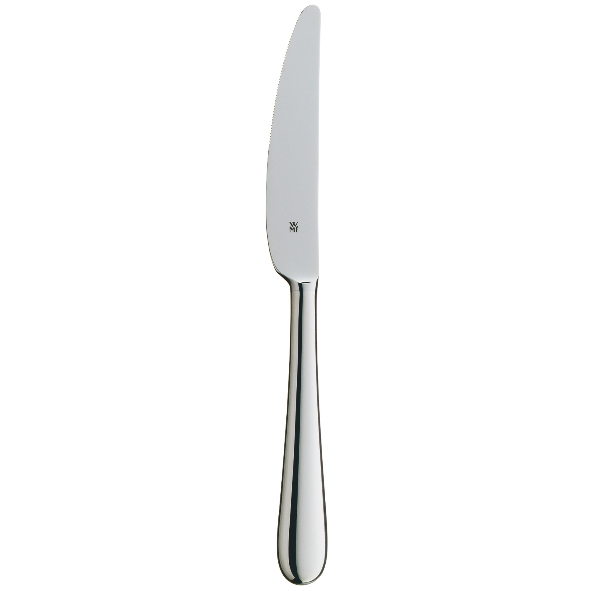 Ein Edelstahlmesser mit langem Griff. Es ist auf weißem Hintergrund. Das Messer glänzt.