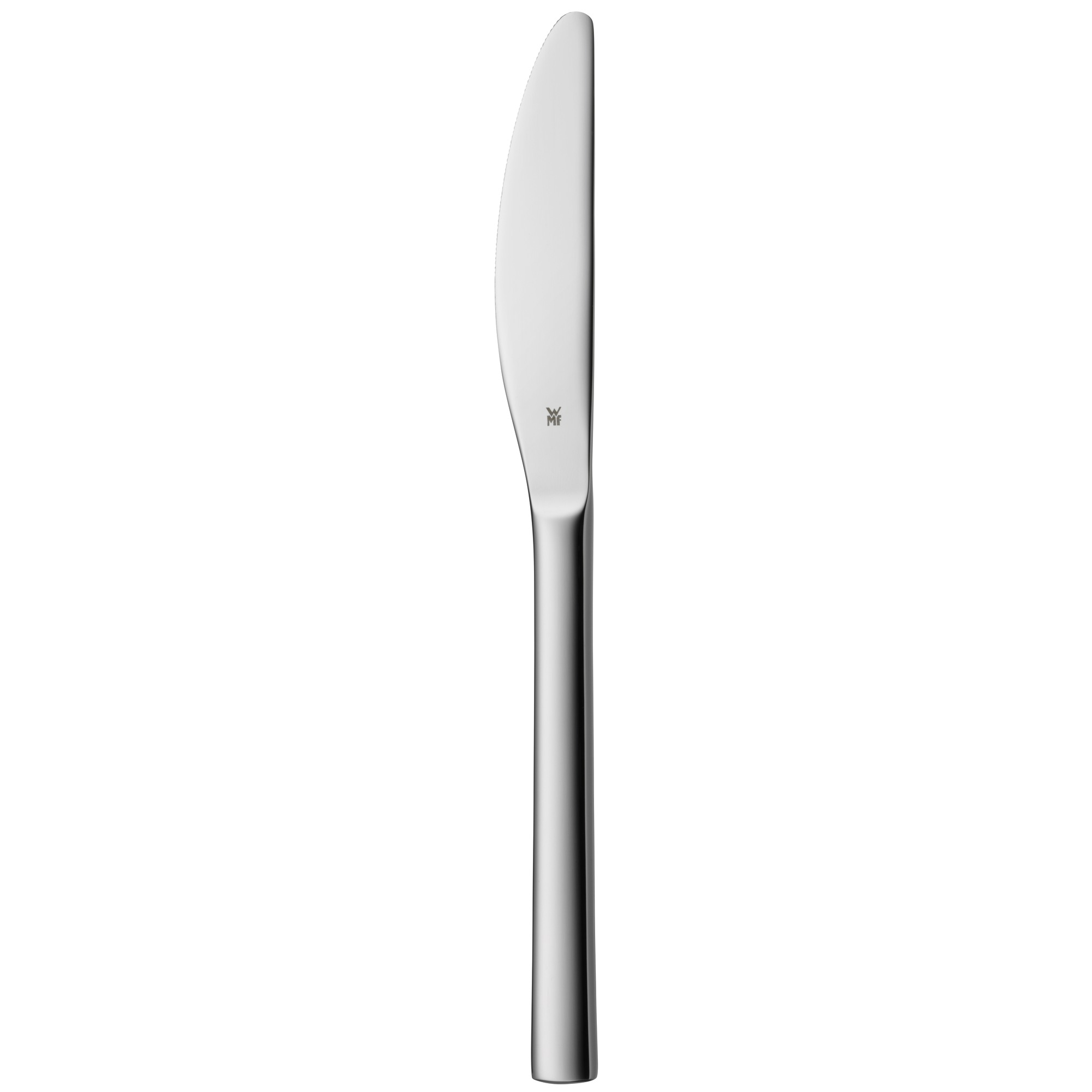 Ein glänzendes, silbernes Messer. Das Messer steht vertikal auf weißem Hintergrund.