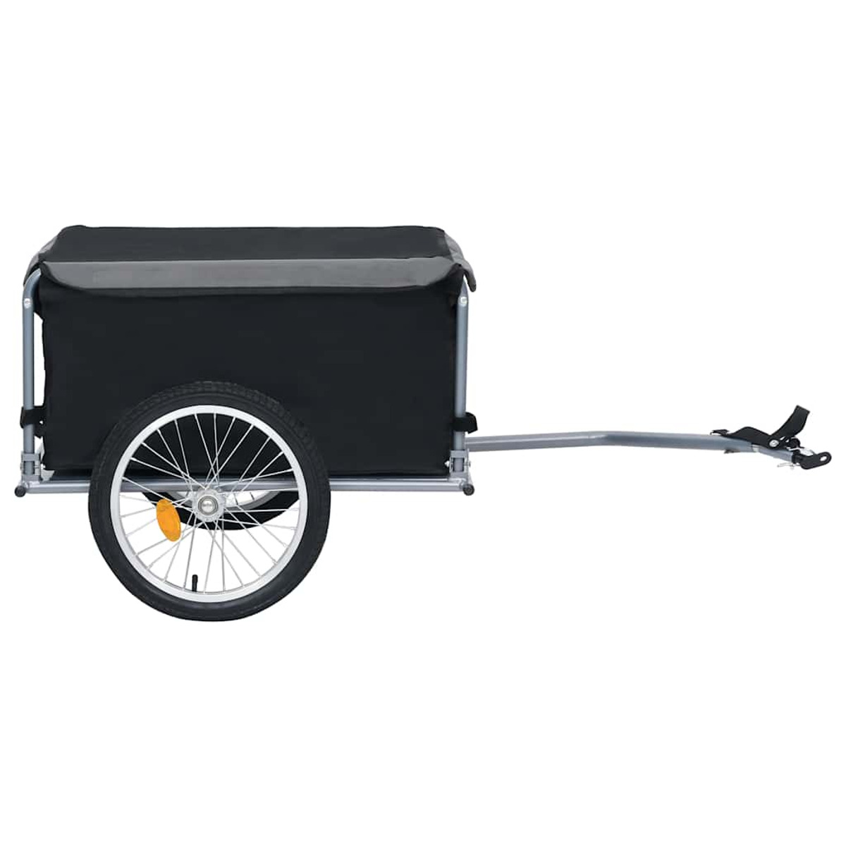 Ein schwarzer Fahrradanhänger mit einem Rad, einer schwarzen Stoffbox und einem silbernen Rahmen, auf weißem Grund.