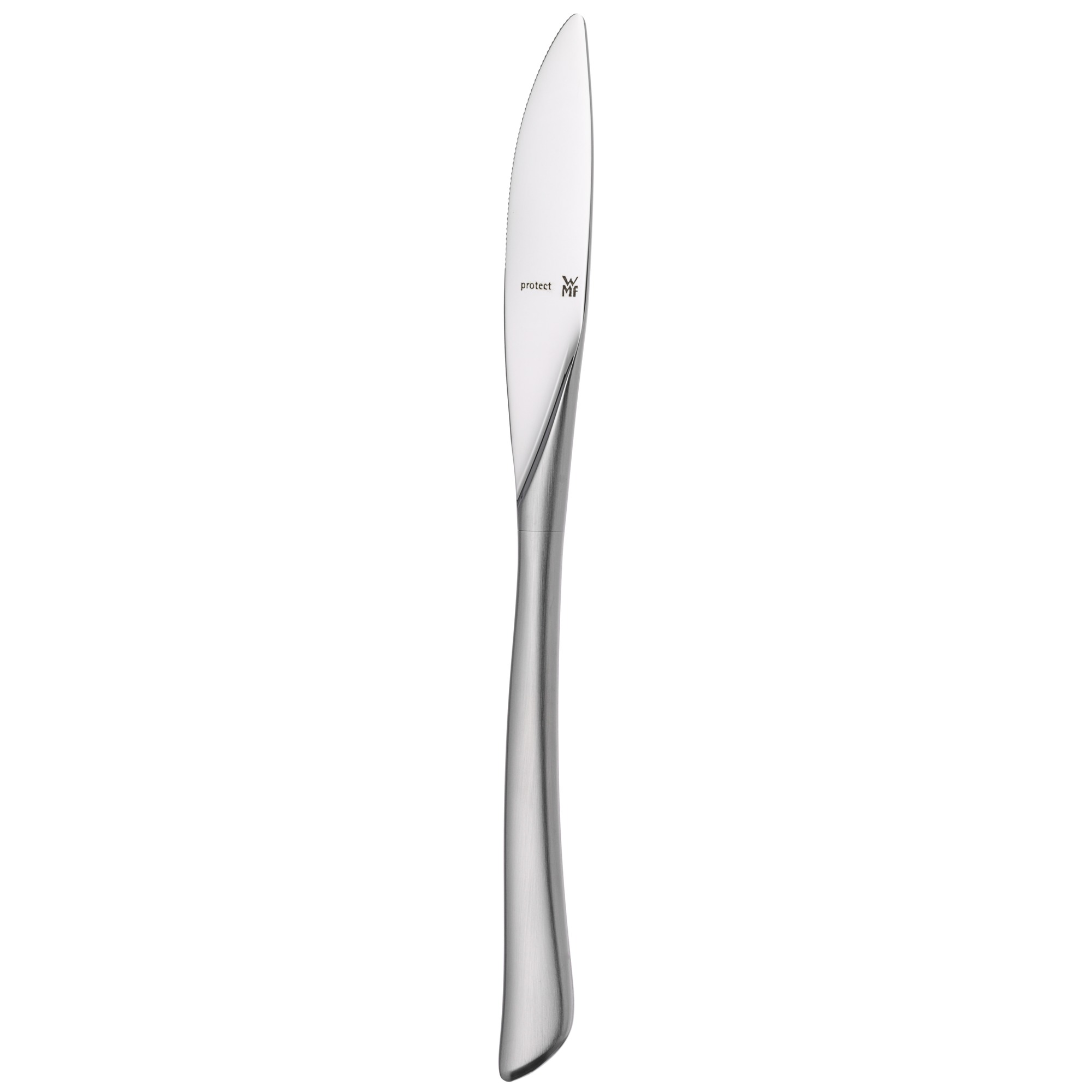 Ein silbernes Messer mit gebogenem Griff auf weißem Hintergrund. Die Klinge trägt das Wort 'protect'.