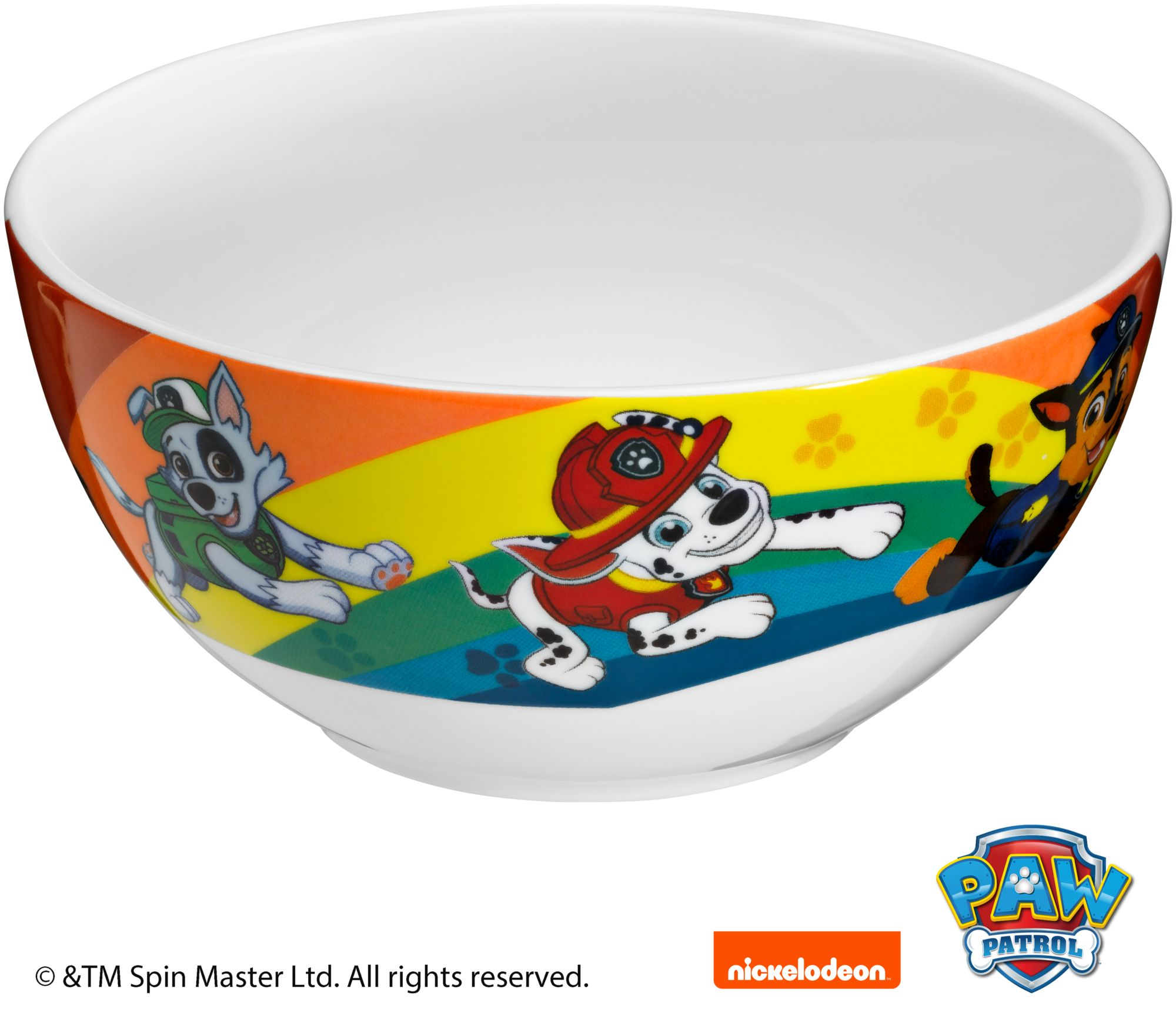 Paw Patrol Schüssel mit Zeichentrickfiguren, Regenbogenfarben und Logo.