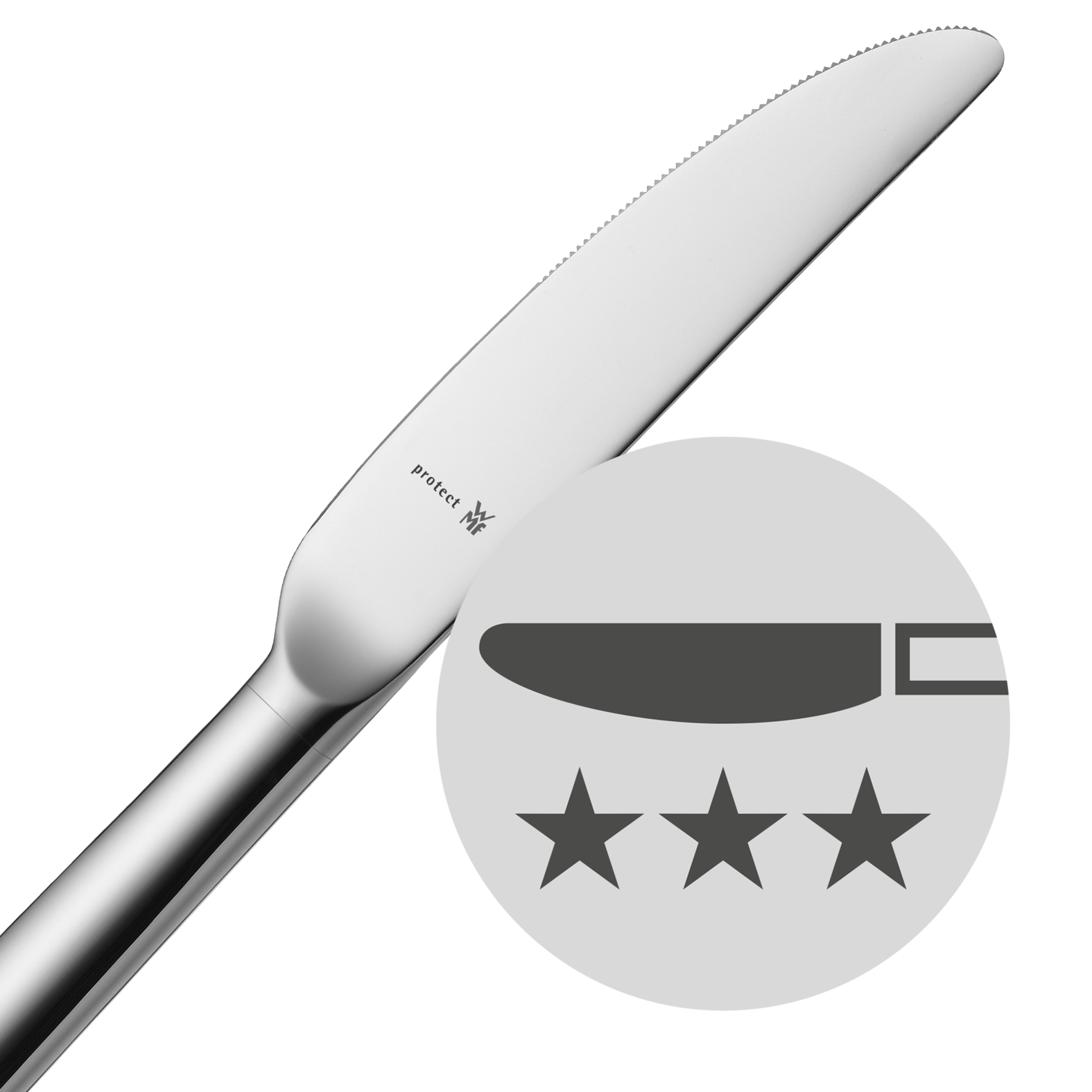 Ein Edelstahlmesser mit Markennamen und einer Grafik mit drei Sternen.