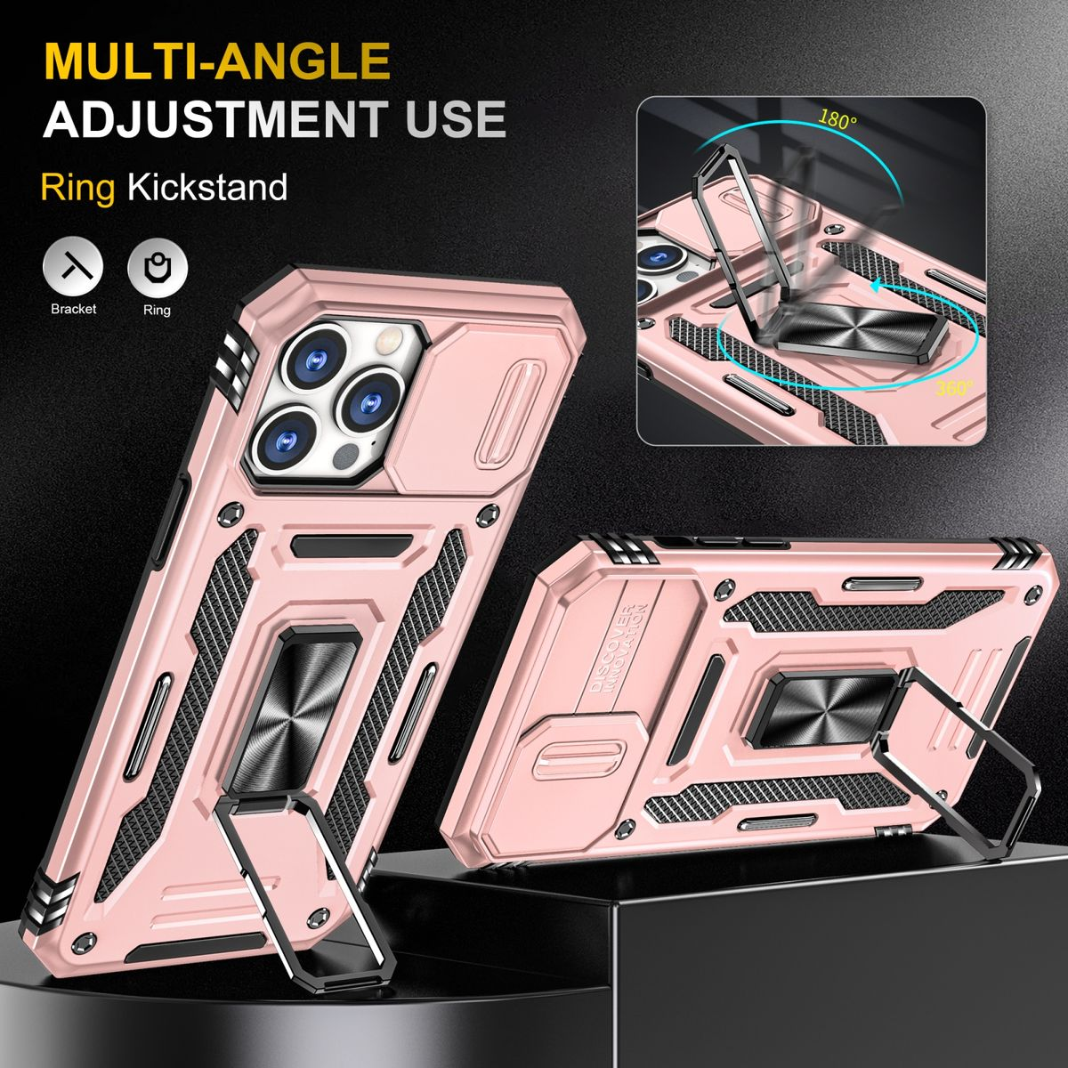 Eine rosa Handyhülle mit Ständer, mit Telefon und Ring darauf.