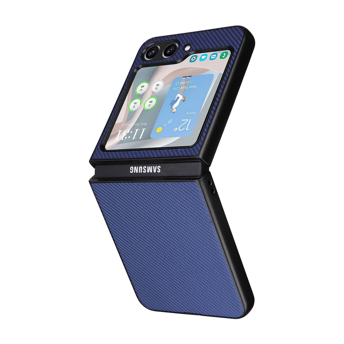 Ein blaues, zusammenklappbares Samsung-Handy ist geöffnet. Anzeige wird angezeigt. Weißer Hintergrund.