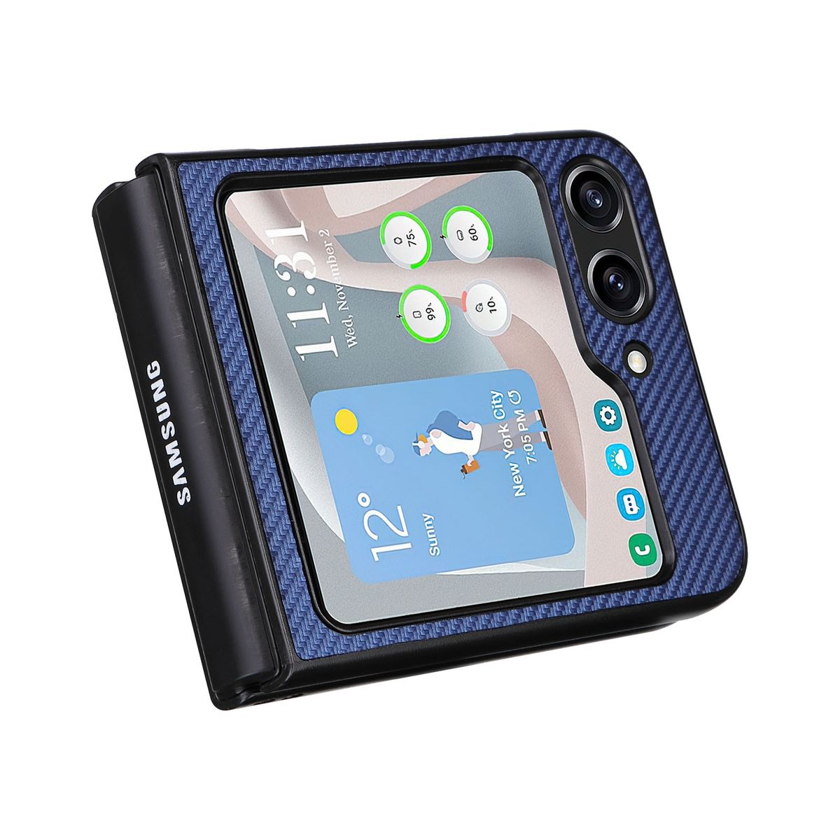 Blaues Telefon in einer blauen Hülle, das eine Wetter-App und die Uhrzeit anzeigt. Weißer Hintergrund.