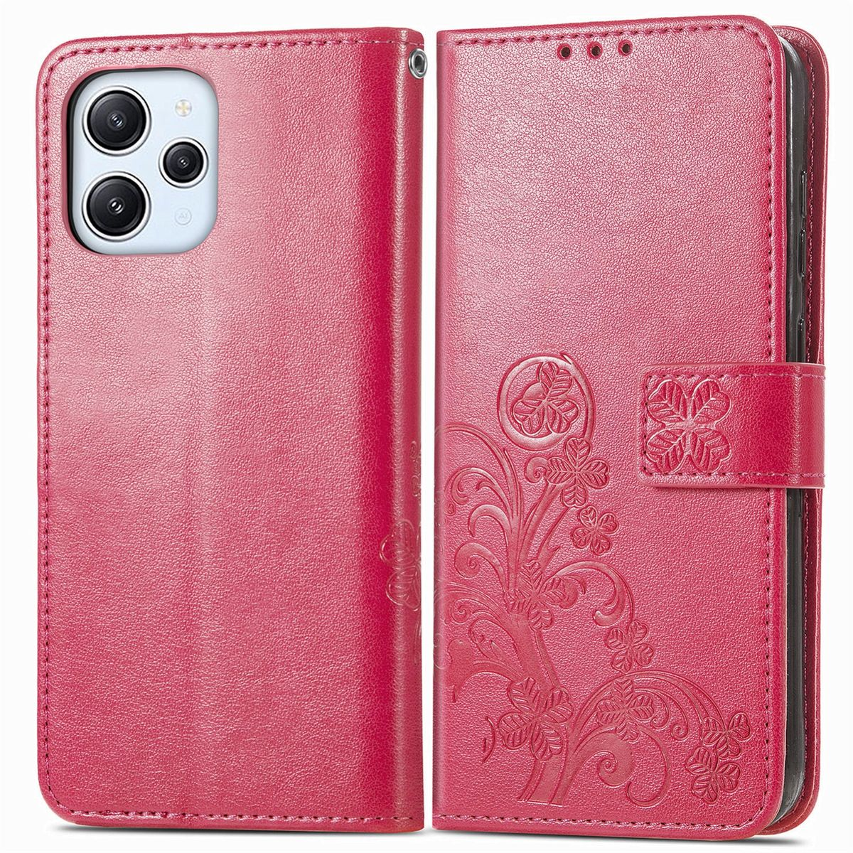 Pinkfarbene Handyhülle geöffnet. Vorder- und Rückseite mit Blumendesign und Verschluss. Ein Telefon ist innen.