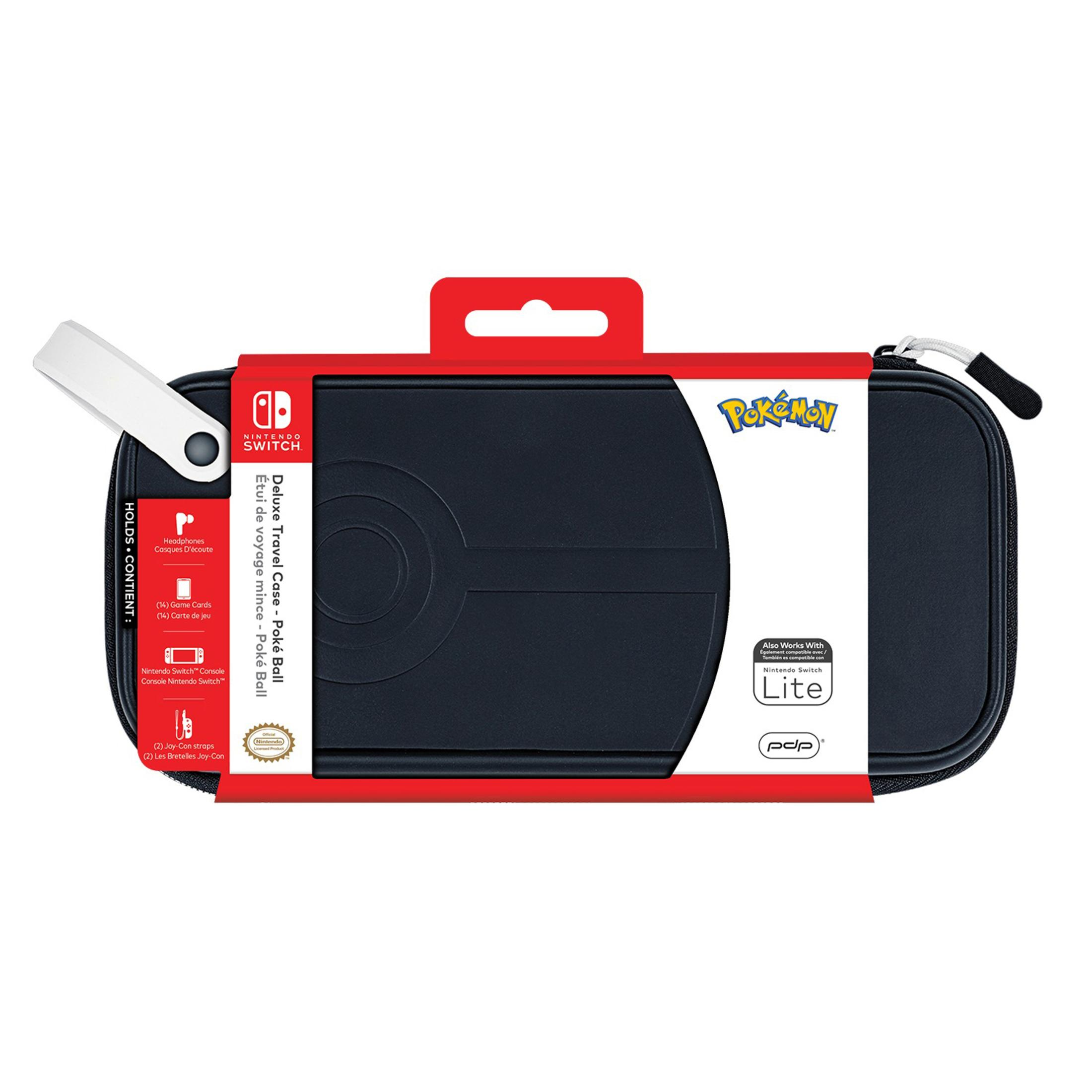 Czarny i czerwony futerał Nintendo Switch z logo Pokémon i białym uchwytem.