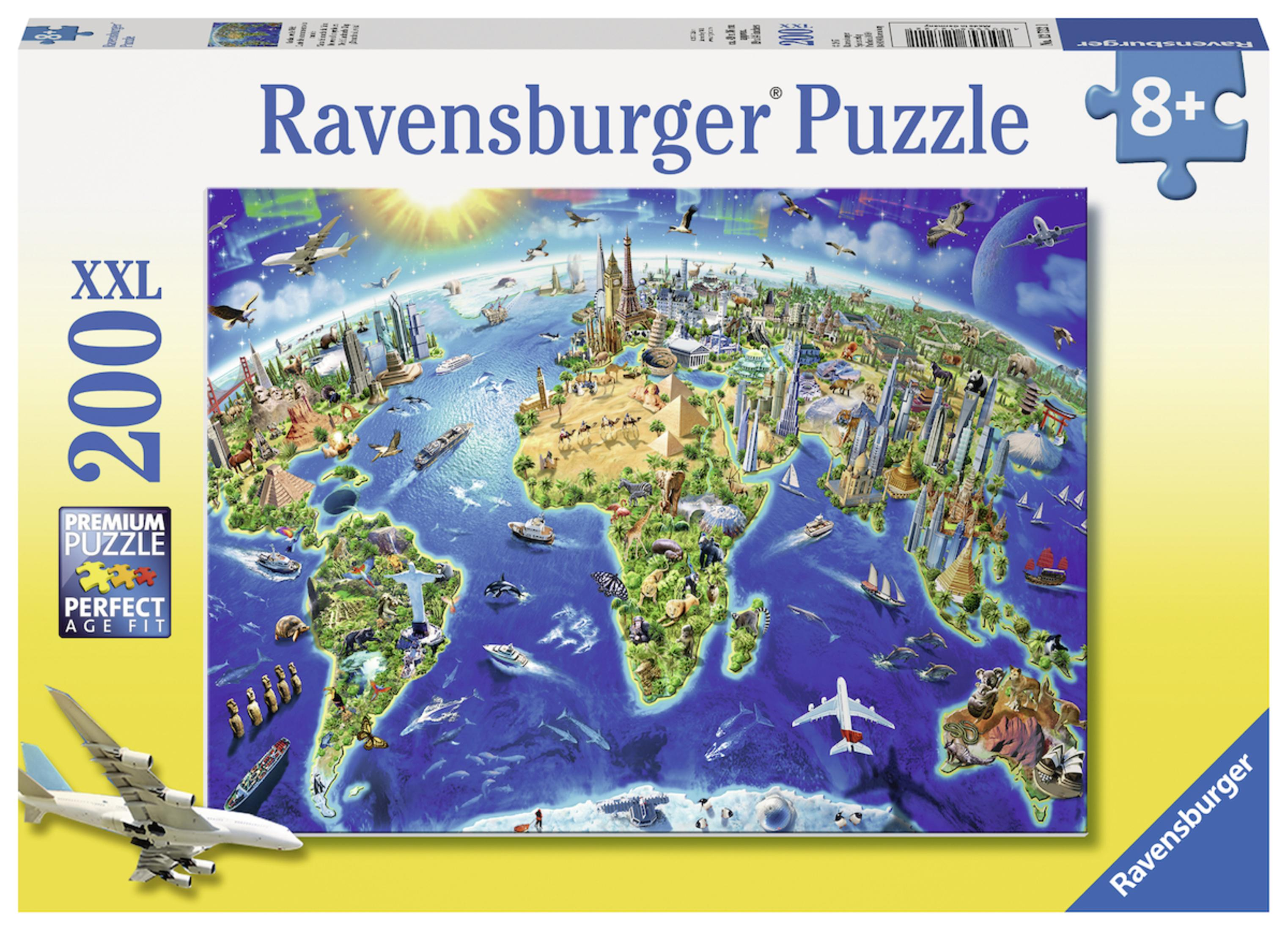Caja de rompecabezas Ravensburger. La imagen muestra un mapa del mundo con puntos de referencia y vehículos.