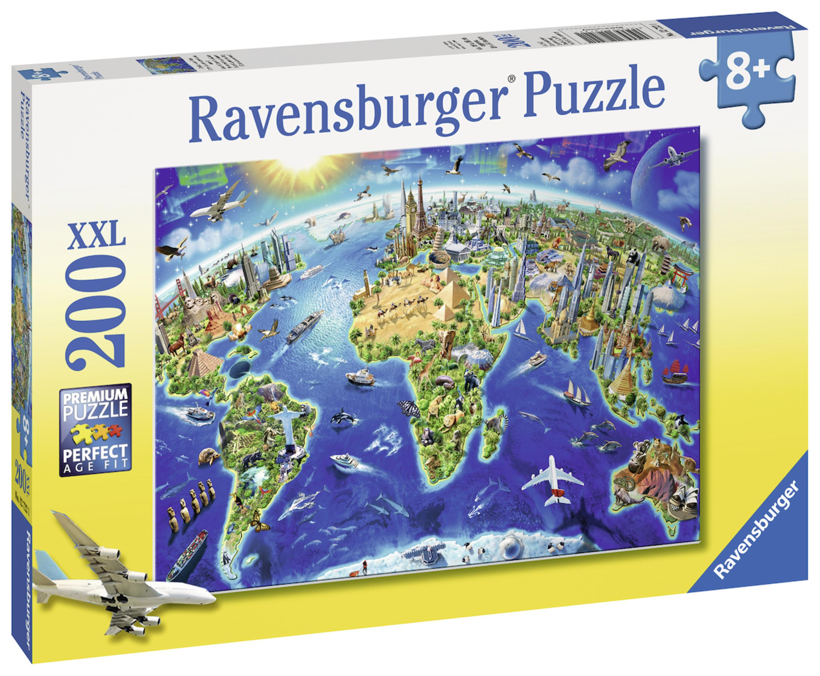 Caja de rompecabezas Ravensburger. El rompecabezas muestra un mapa mundial con monumentos, aviones y animales.