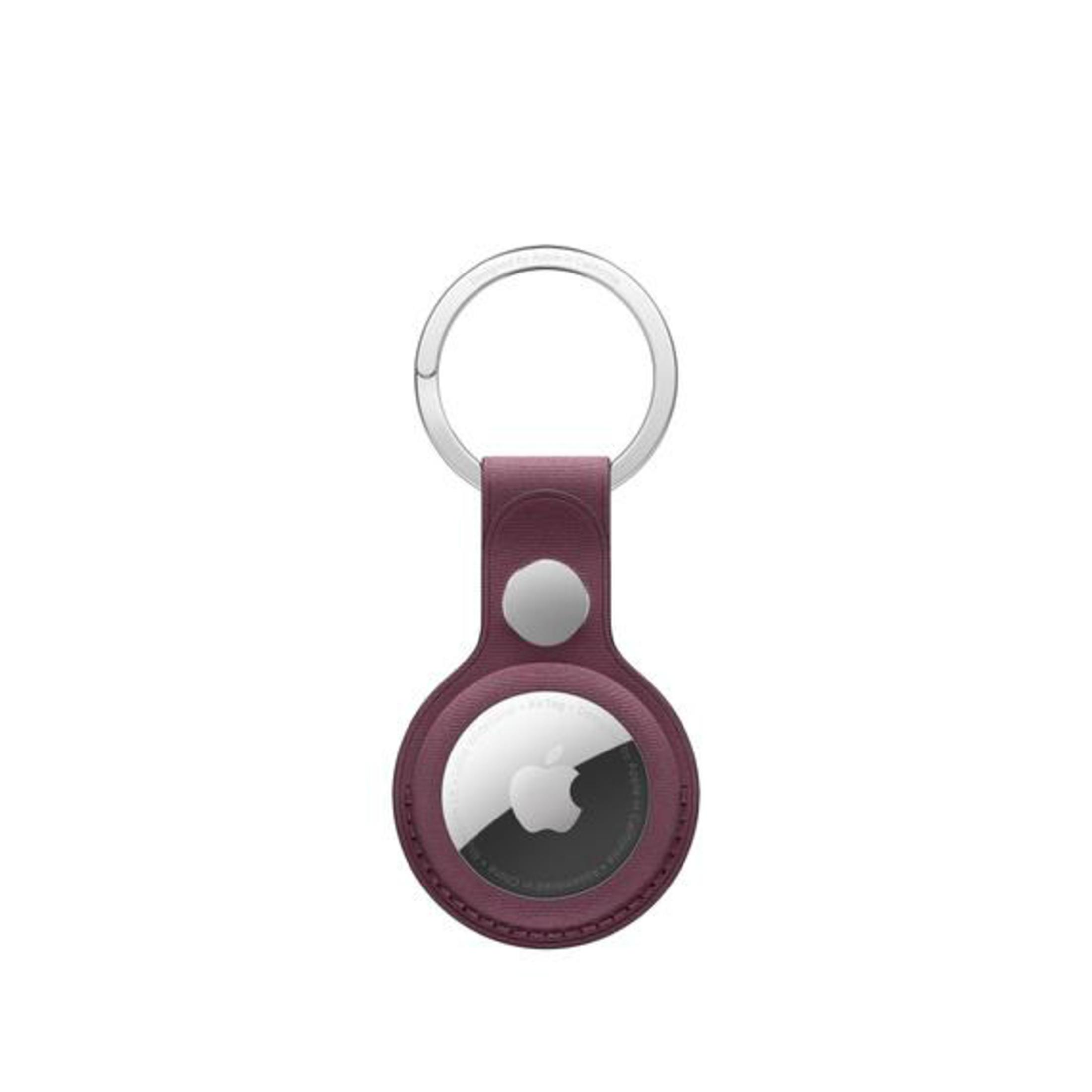 Lila-silbernes Apple AirTag mit Schlüsselring.