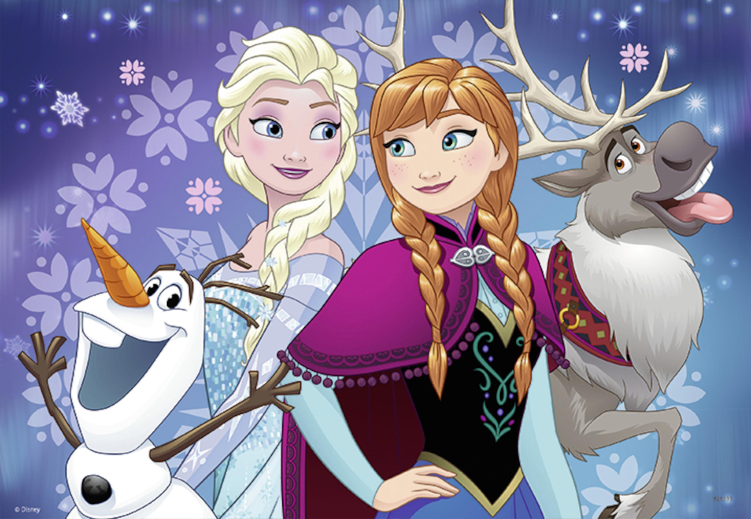 Personaggi di Frozen, Elsa, Anna, Olaf e Sven.