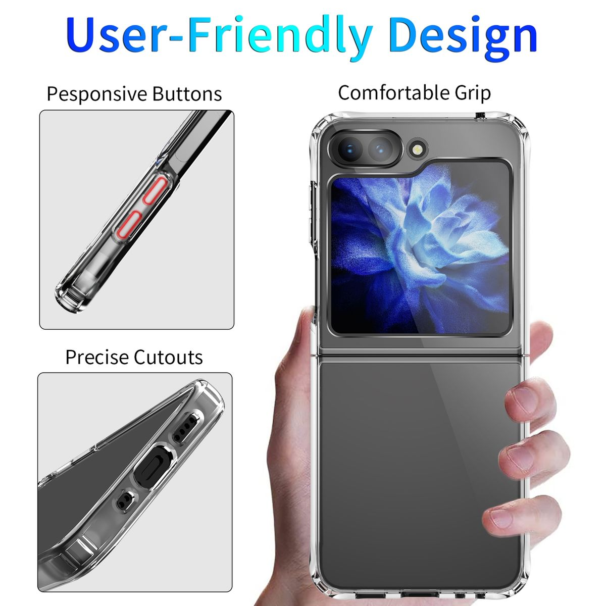 Eine Hand, die eine transparente Handyhülle mit einem Telefon darin hält, mit Details von Knöpfen und Ausschnitten.