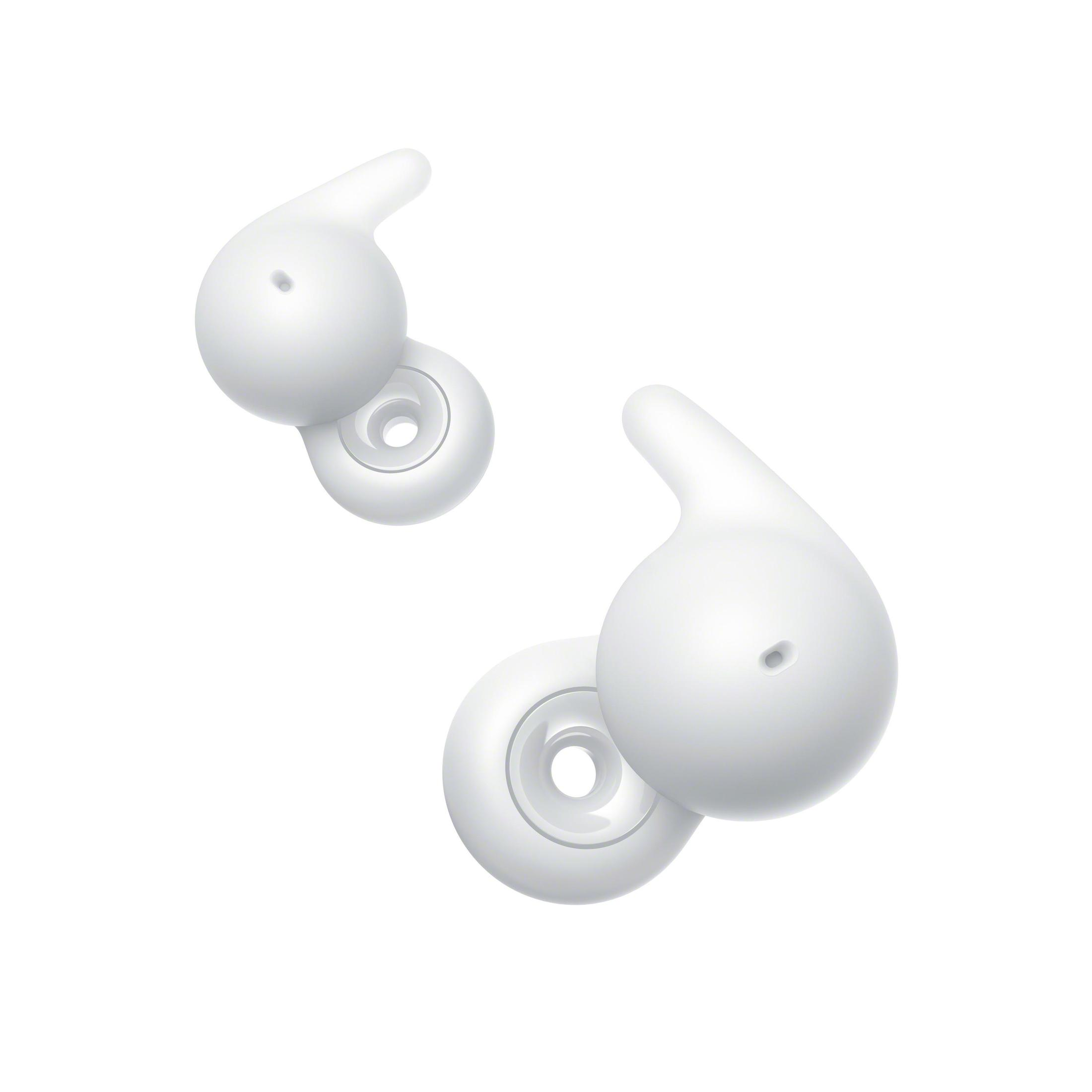Due auricolari bianchi, leggermente angolati, su sfondo bianco. Hanno una forma arrotondata con piccoli dettagli.