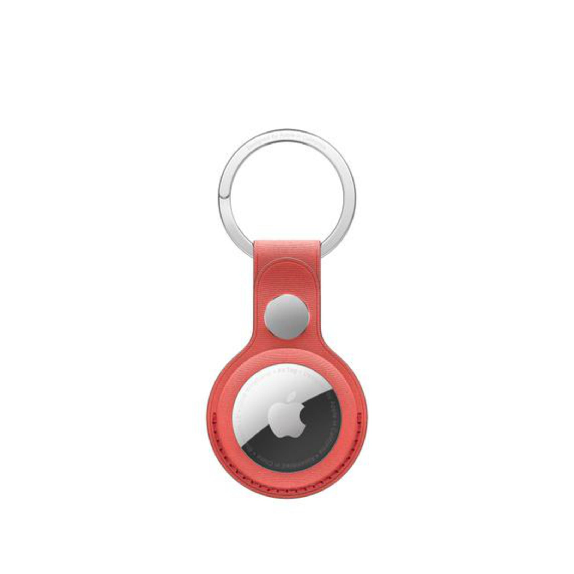 Red Apple AirTag with a silver key ring. The Apple logo is visible.