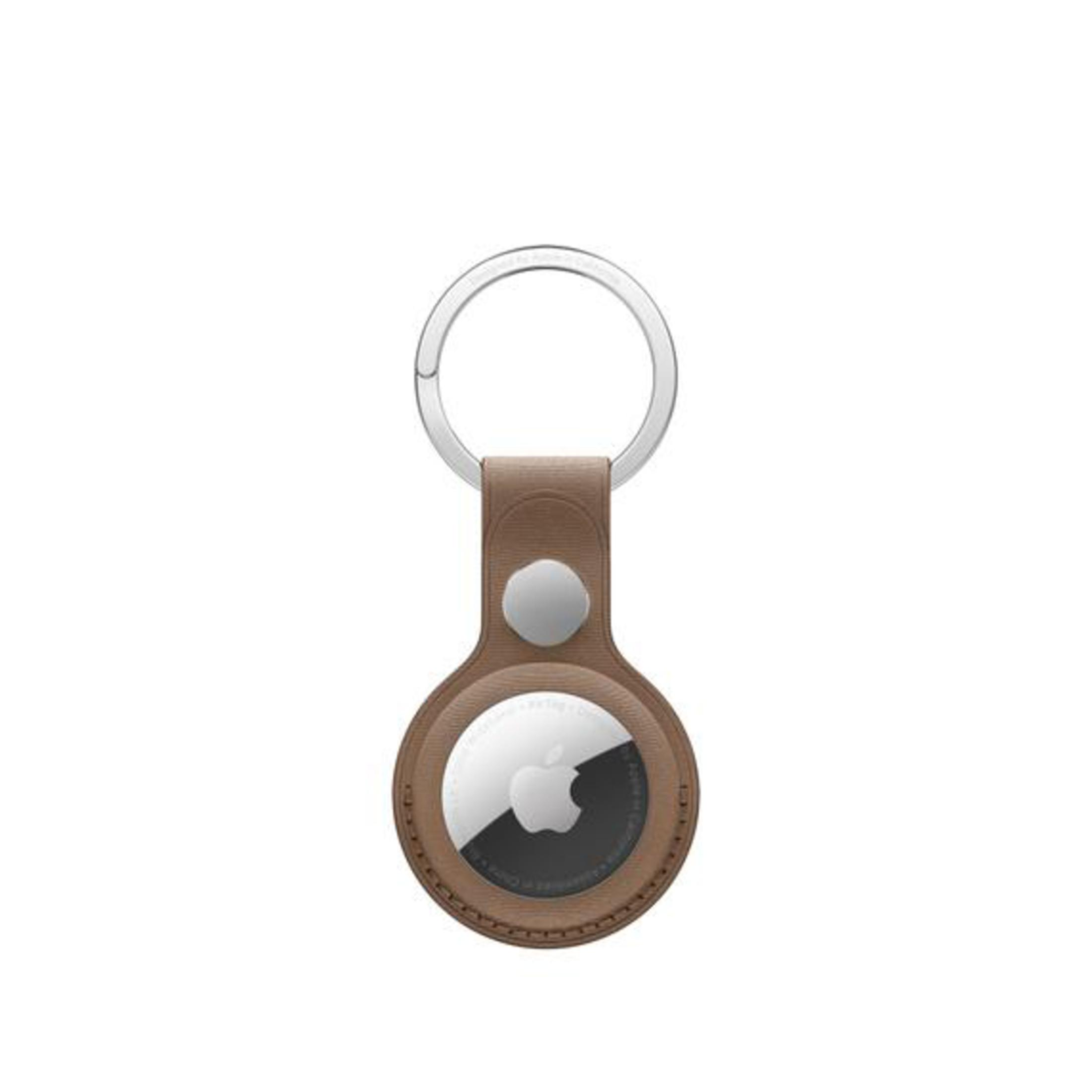 Apple AirTag with a brown leather loop and silver key ring. White background.