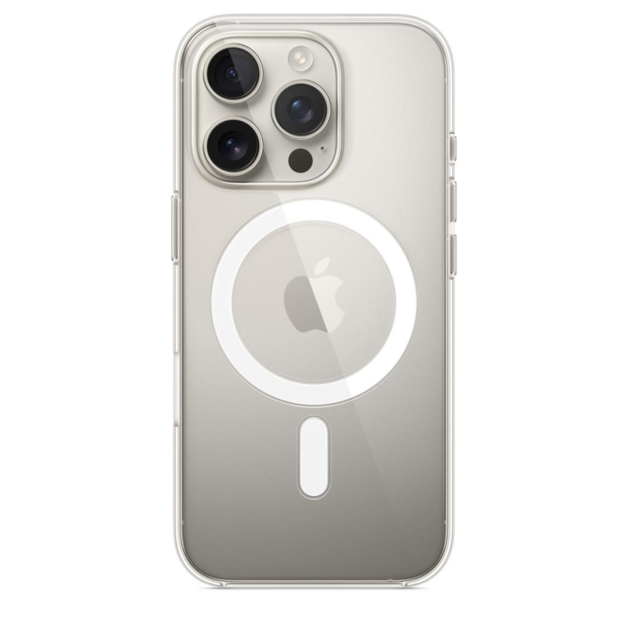 Una funda transparente para teléfono con un anillo circular blanco y una parte inferior transparente, que muestra un iPhone.