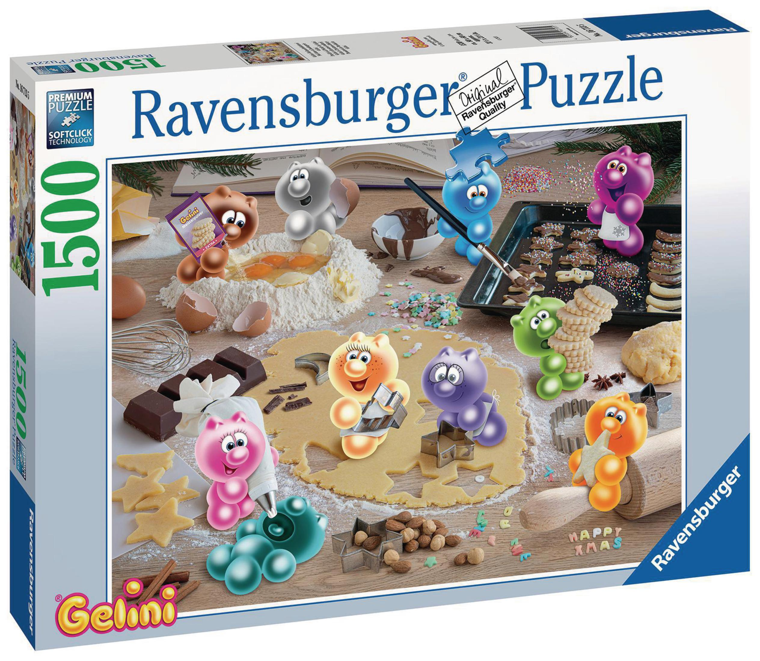 Puzzelbox mit Comic-Bären, die Kekse backen. Mehrere Kekse und Backzutaten sind ausgestellt.