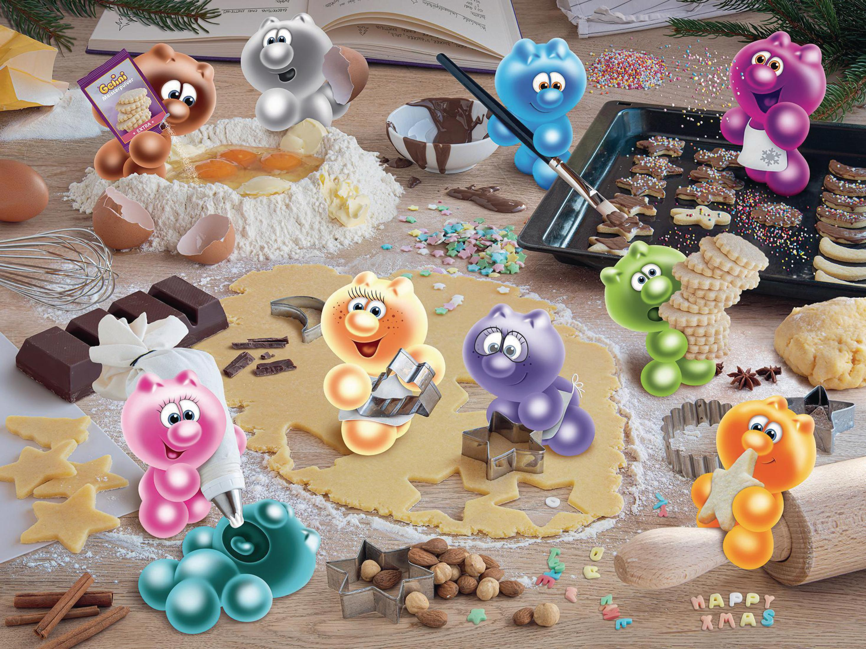 Bunte, bärenförmige Figuren backen und dekorieren Kekse auf einem Holztisch. Weihnachtsthema.
