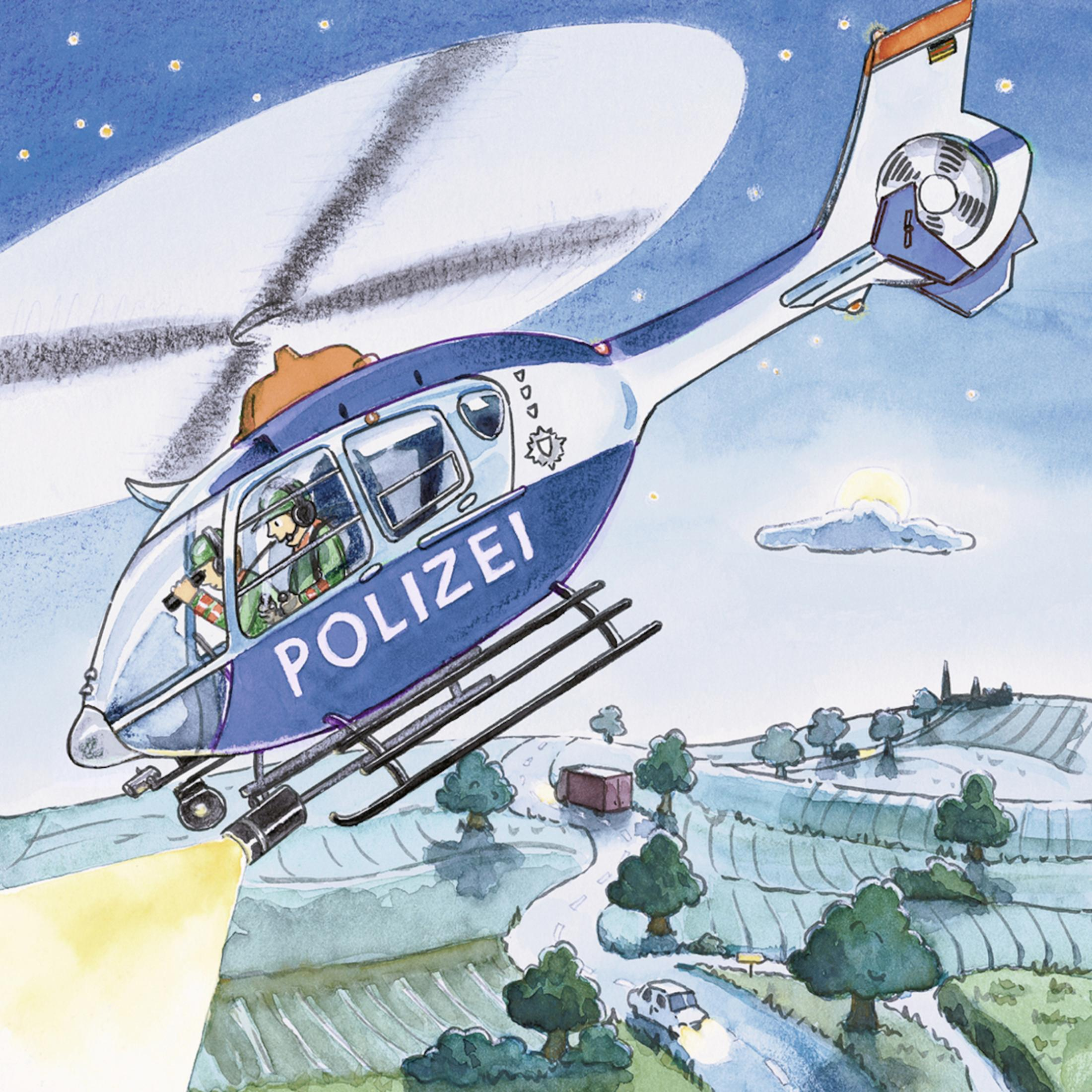 Helikopter policyjny nad polami, scena nocna.