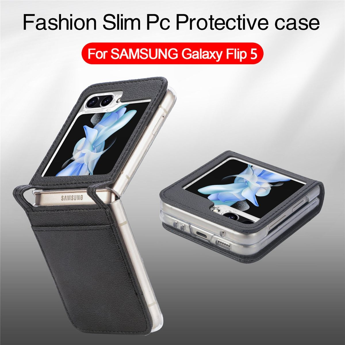 Eine schwarze und graue Handyhülle für das Samsung Galaxy Flip 5, mit dem Telefon sichtbar in der Hülle.
