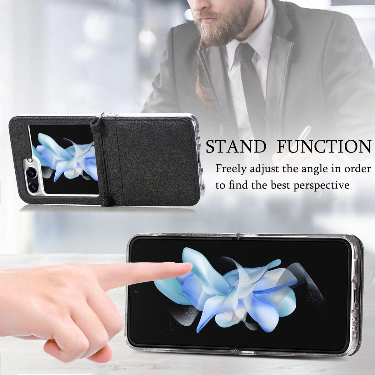Eine Smartphone-Hülle mit Standfunktion und eine Person, die ein Telefon mit blauem Design hält.